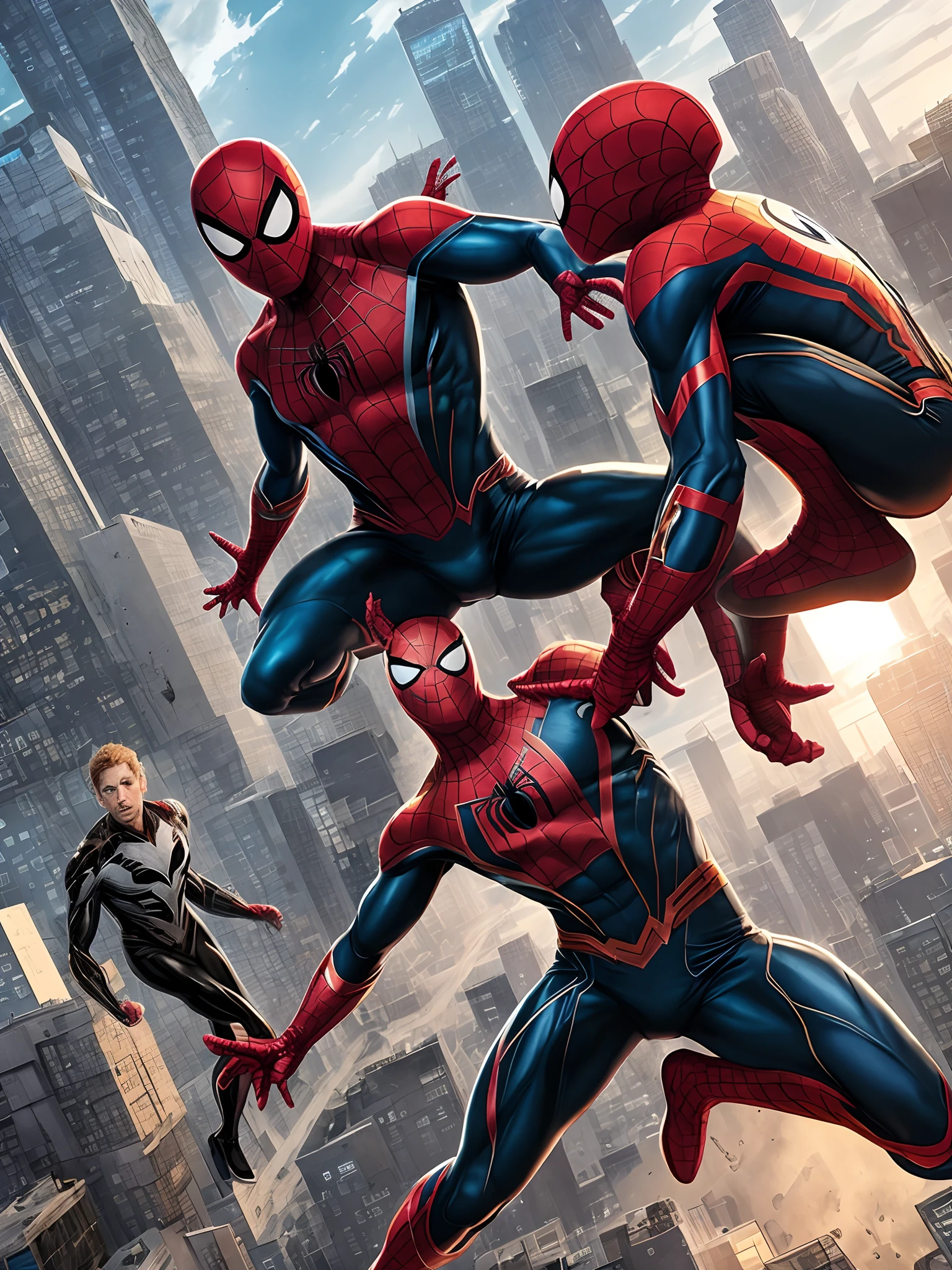 Metaverse of Spider-Man versus Green Goblin in a future atmosphere, venom with a special appearance by Iron Man in Vertiginous fights watched by indian workers in the city setting of 2055, realistic high-definition images