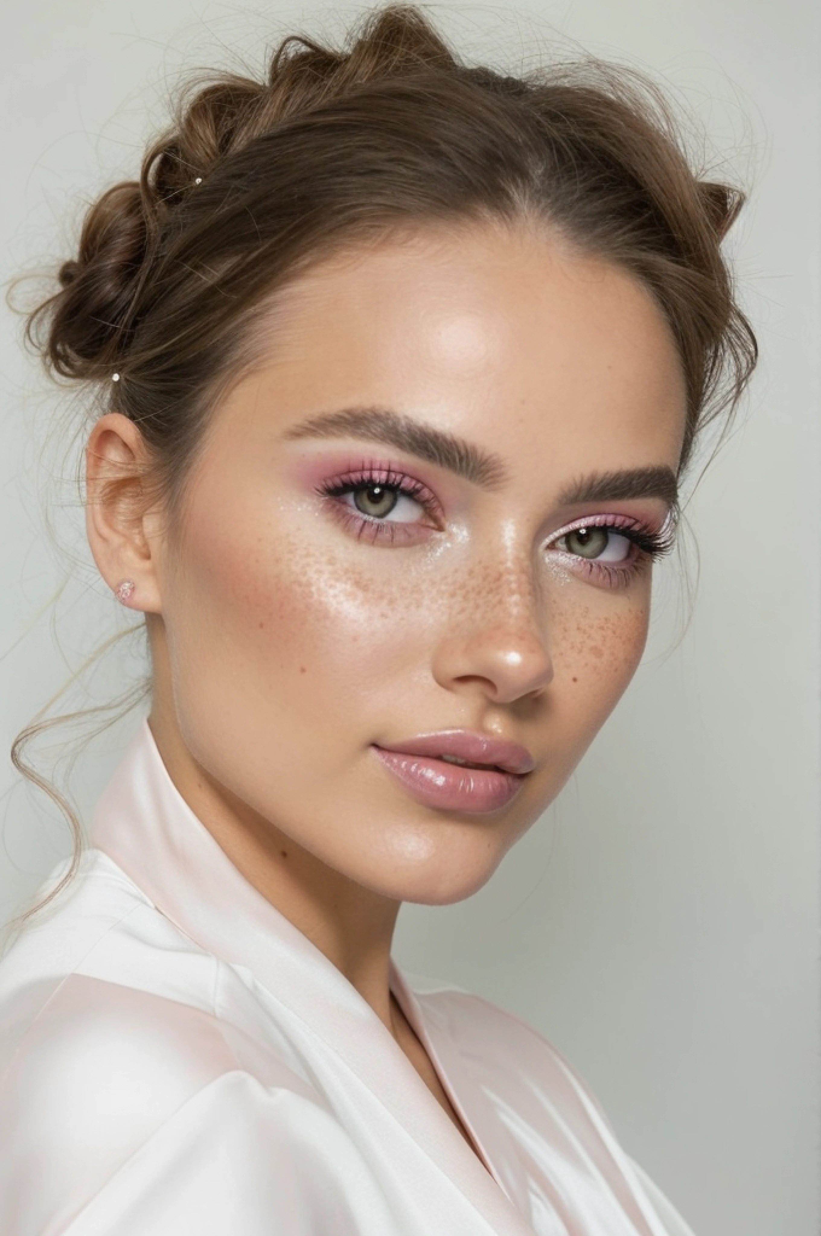 A woman with a messy bun in her hair and a white shirt, Mejillas rosadas con pecas, damp skin, piel brillante, piel resaltada de porcelana, piel de porcelana brillante, mejillas rosadas, Cara rosada brillante, delicate pale pink lips, pecas suaves, prominent cheekbones, Tono de piel rosa pastel, piel brillante y brillante, defined cheekbones, beautiful cheekbones, maquillaje sutil