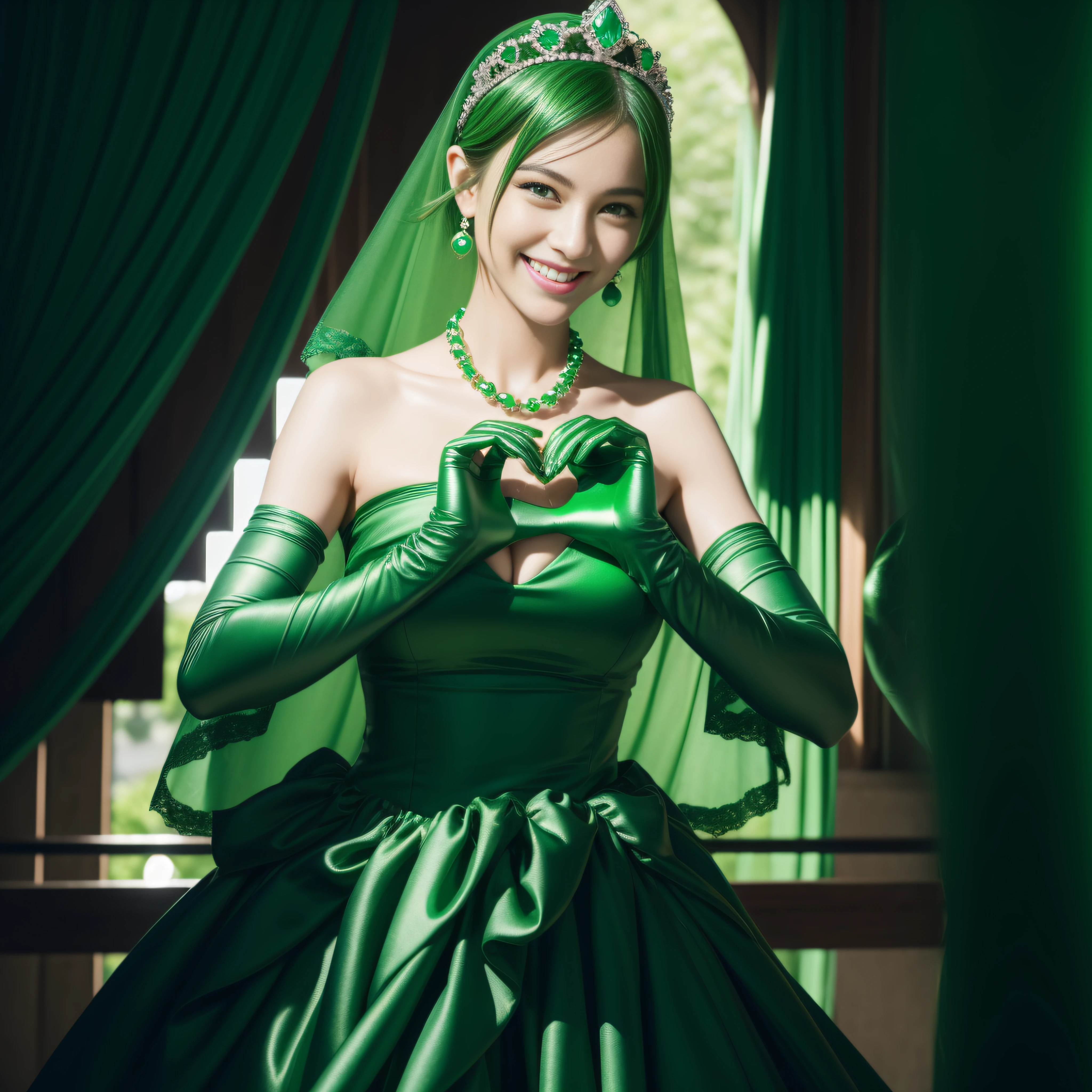 emerald tiara, Green Pearl Necklace, Boyish very short green hair, lipsticks, Japan woman smiling, very short short hair, big breasts beautiful, Green eyes, Long green gloves made of satin material, Green eyes, Emerald Earrings, green vale, Heart with both hands
