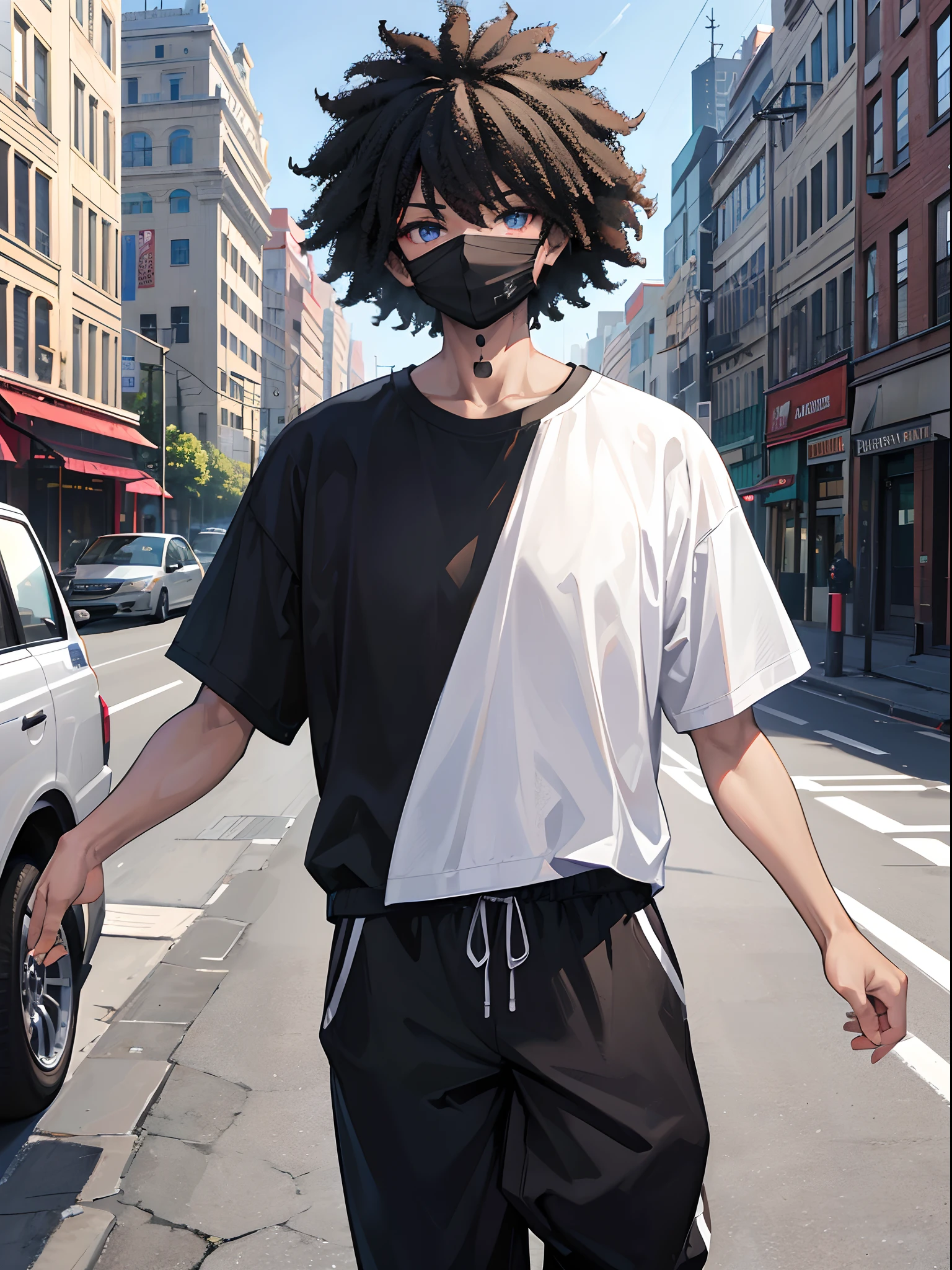 city, absurdres, high res, ultrasharp, 8K, masterpiece, black afro hair, black bandage, eyes covered, light skin tone, wearing plain black shirt, white joggers, tall