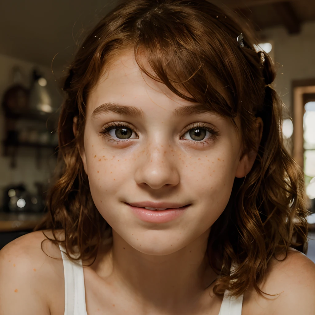 Close-up half-body portrait of a beautiful 10-year-old girl with bright hazel eyes, red curly hair, and freckles on her face. Realistic skin. She is looking directly at the camera with an innocent smile. Studio chiaroscuro lighting. Farmhouse kitchen environment. Background with depth of field. 8k resolution.