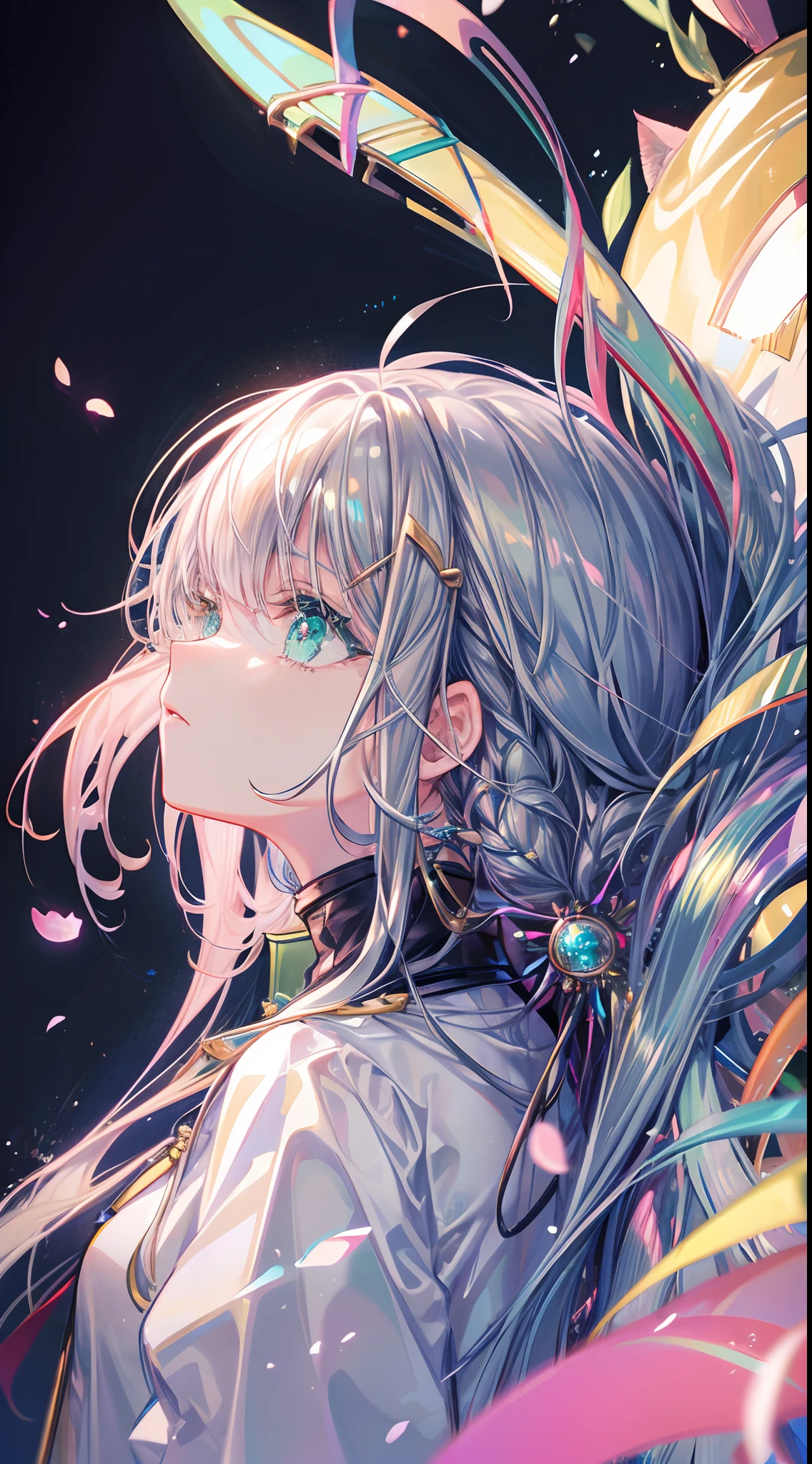 1 girl in、Eyes swaying anxiously、profile、Prone to the right、Eyelids lowered、Gray hair、Longhaire、Green eyes、On the sides of the head are attached golden cat-shaped hairpins