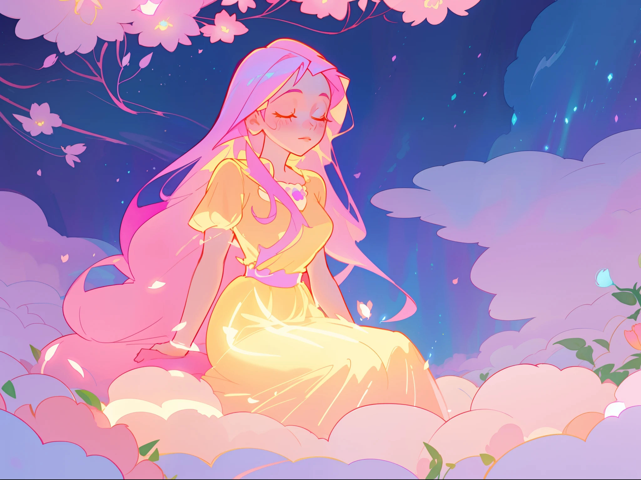 beautiful girl in gradient colorful dress, yellow pink purple fairy dress, beautiful girl sitting in a field with pink red flowers, puffy pink flowers, glowing lights, whimsical landscape, long dark blue flowing hair, watercolor illustration, inspired by Glen Keane, inspired by Lois van Baarle, disney art style, by Lois van Baarle, glowing aura around her, by Glen Keane, jen bartel, glowing lights! digital painting, flowing glowing hair, glowing flowing hair, beautiful digital illustration, fantasia otherworldly landscape plants flowers, beautiful, masterpiece, best quality, anime disney style