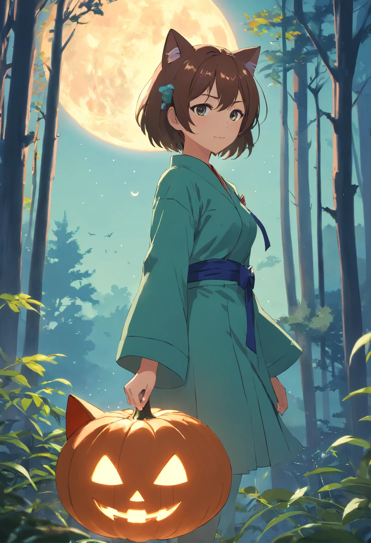 Beautiful woman、Generate a scene depicting you dressing up as a cat on Halloween night。She、Wearing a sophisticated costume、It has a magical atmosphere。In the background、The moon shines、Express the atmosphere of being in a forest with a faint mist。There is confidence and a little wonder in the woman's expression.、In her hand, she holds a prop that elegantly matches the cat's costume。