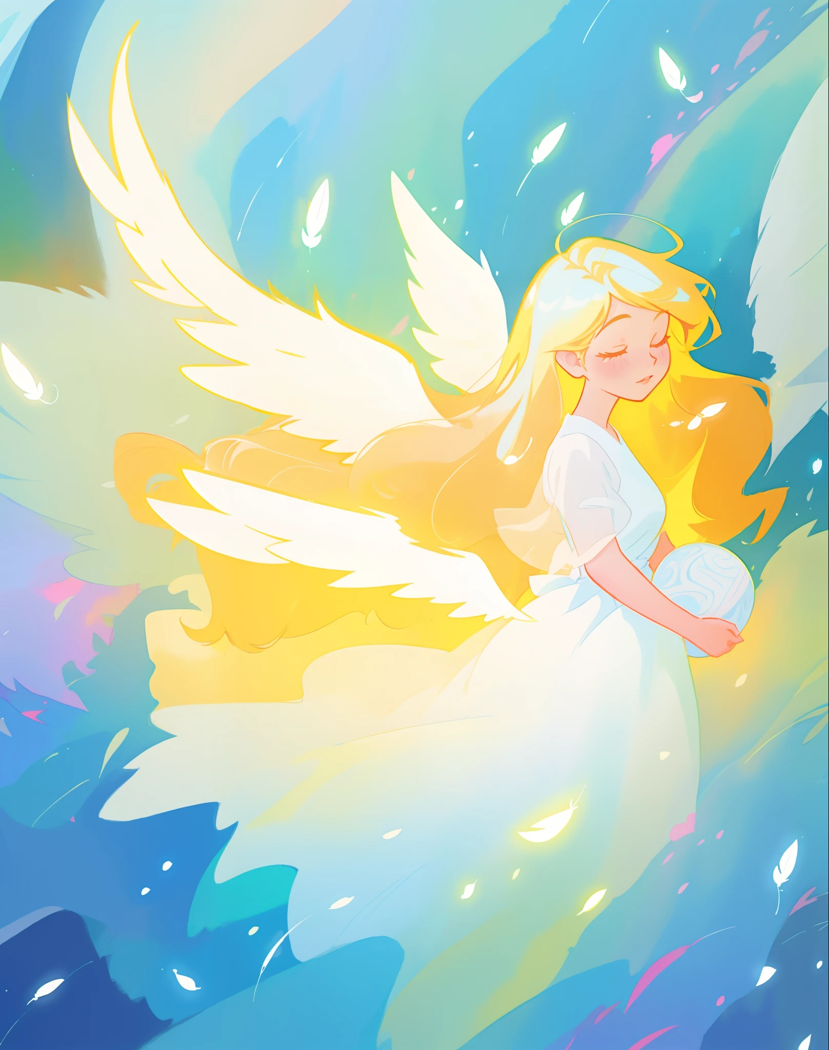 beautiful angel girl in white dress, angel dress, puffy ballgown, ((large white angel wings)), ((white glowing feathers)), angel, angelic, angel girl, long golden hair, watercolor illustration, inspired by Glen Keane, inspired by Lois van Baarle, disney art style, by Lois van Baarle, glowing aura around her, by Glen Keane, jen bartel, glowing lights! digital painting, flowing glowing hair, glowing flowing hair, beautiful digital illustration, fantasia otherworldly landscape plants flowers, beautiful, masterpiece, best quality, anime disney style