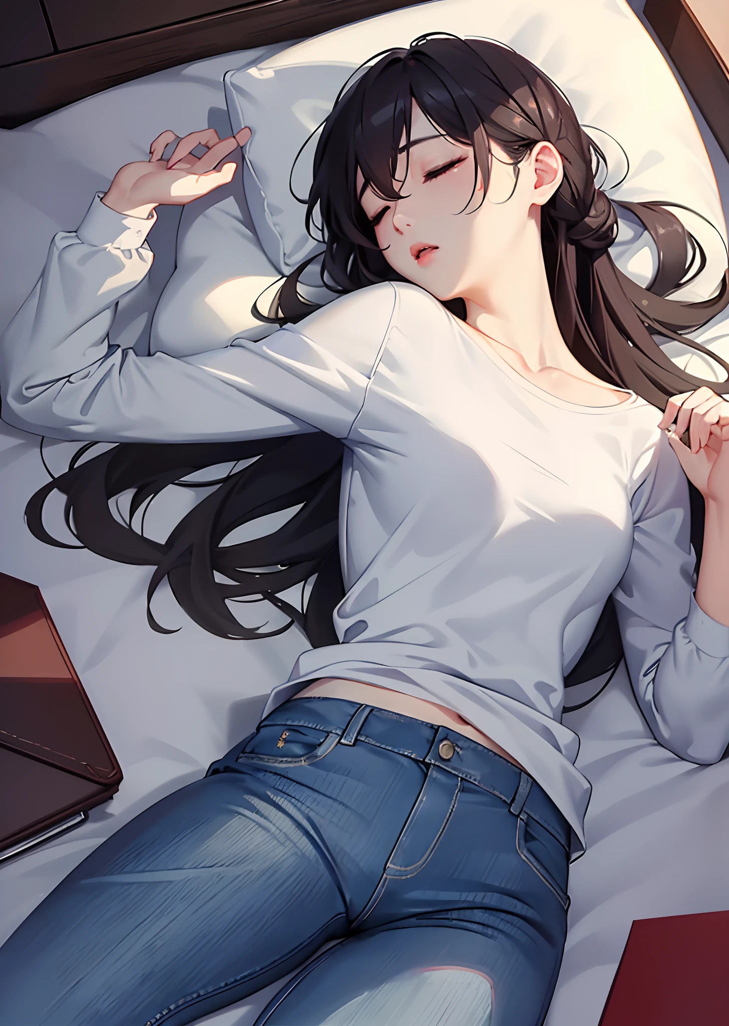 masterpiece, bset quality, realistic, 1girl, (PureErosFace_V1:0.7),  (8k, best quality), shirt, jeans,unconscious, closed eyes, sleeping, full body,