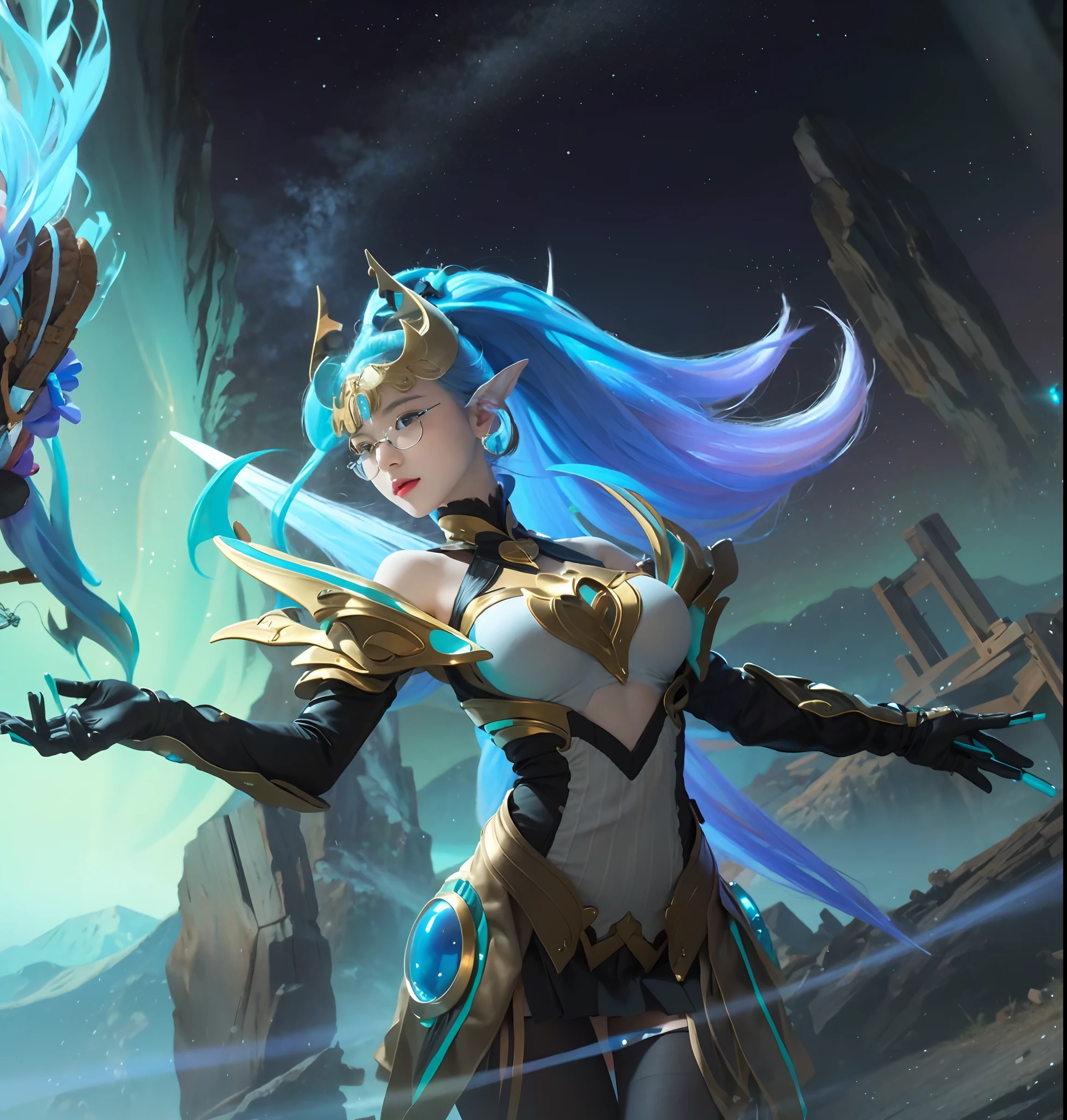 A woman in a blue and gold outfit holding a sword - SeaArt AI
