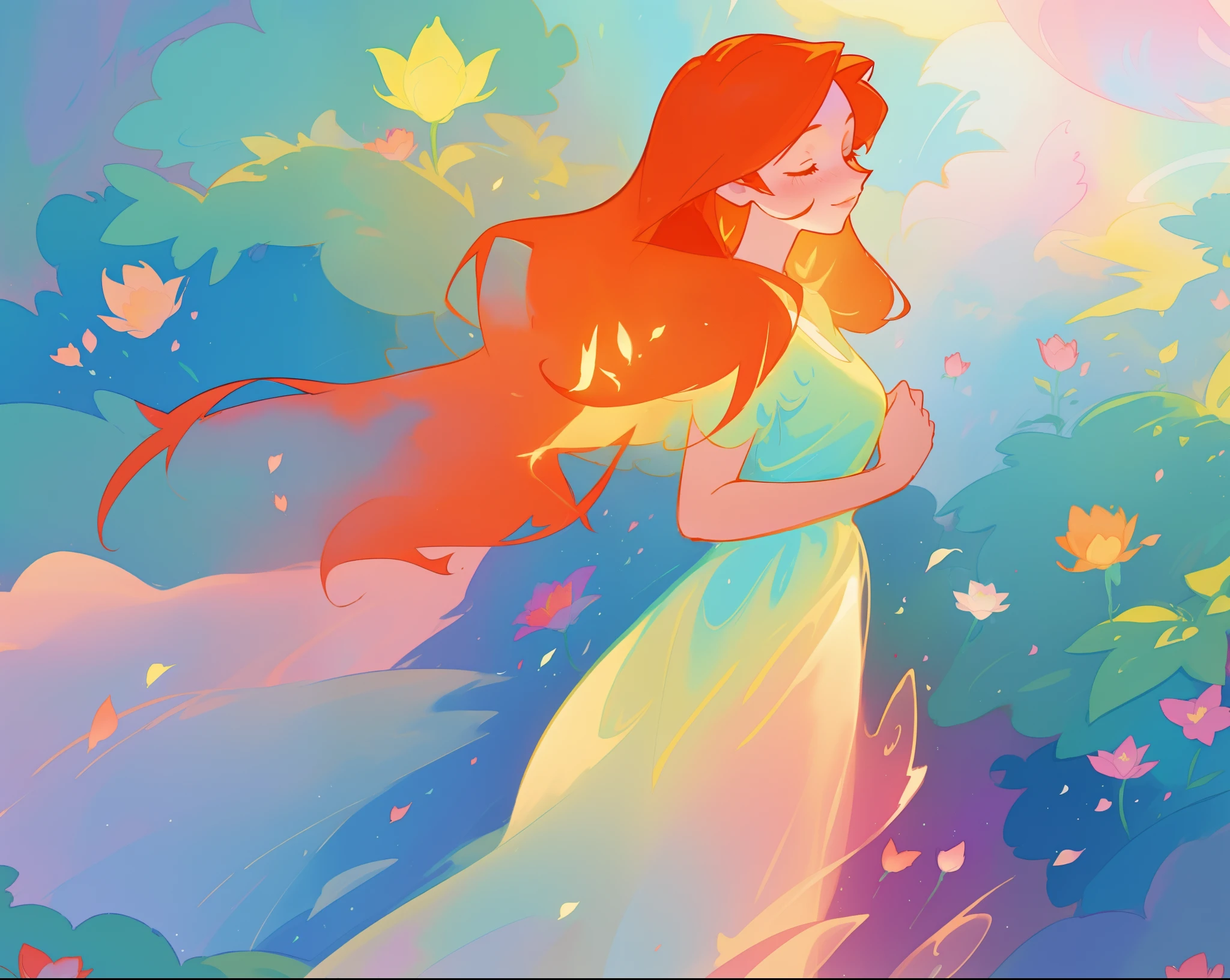 beautiful girl in flowing shimmering dress, fairy dress, long red hair, magical, whimsical, watercolor illustration, flowers and colorful plants, inspired by Glen Keane, inspired by Lois van Baarle, disney art style, by Lois van Baarle, glowing aura around her, by Glen Keane, jen bartel, glowing lights! digital painting, flowing glowing hair, glowing flowing hair, beautiful digital illustration, fantasia otherworldly landscape plants flowers, beautiful, masterpiece, best quality, anime disney style
