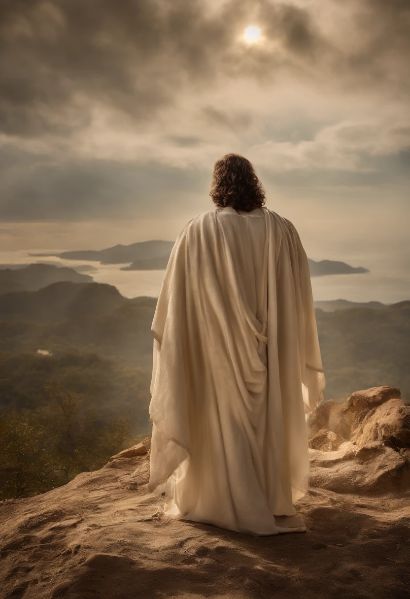 (best quality,Altas,master part:1.2),ultra-detalhado,Realistic,fotorrealista:1.37,Jesus como um juiz justo apontando o dedo para um livro aberto,julgamento justo.Jesus vestindo um manto branco com uma faixa dourada,santo e majestoso,Longas,flowing and full hair,barba graciosa,Olhos gentis e compassivos,olhar penetrante,Exalando sabedoria e autoridade. The open book symbolizing his divine role as judge on the Day of Judgment,pairando no ar,iluminado por uma luz divina. O livro mostrando caligrafia intrincada,escrituras antigas,e conhecimento divino. Around Jesus there is a serene and heavenly atmosphere,with soft golden rays of light descending from above and casting a warm glow over the scene. The background is filled with ethereal clouds and a glimpse of paradise,representando o reino celestial onde o julgamento ocorre. Jesus is calm and composed.,Embodying justice and equity,ready to pronounce his judgment on humanity with justice and love.