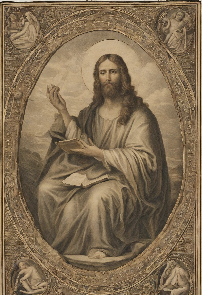 (best quality,Altas,master part:1.2),ultra-detalhado,Realistic,fotorrealista:1.37,Jesus como um juiz justo apontando o dedo para um livro aberto,julgamento justo.Jesus vestindo um manto branco com uma faixa dourada,santo e majestoso,Longas,flowing and full hair,barba graciosa,Olhos gentis e compassivos,olhar penetrante,Exalando sabedoria e autoridade. The open book symbolizing his divine role as judge on the Day of Judgment,pairando no ar,iluminado por uma luz divina. O livro mostrando caligrafia intrincada,escrituras antigas,e conhecimento divino. Around Jesus there is a serene and heavenly atmosphere,with soft golden rays of light descending from above and casting a warm glow over the scene. The background is filled with ethereal clouds and a glimpse of paradise,representando o reino celestial onde o julgamento ocorre. Jesus is calm and composed.,Embodying justice and equity,ready to pronounce his judgment on humanity with justice and love.