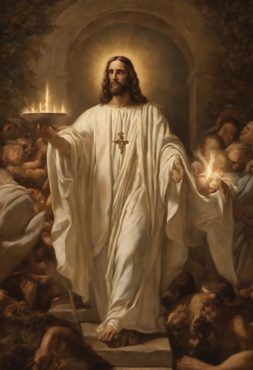 (best quality,Altas,master part:1.2),ultra-detalhado,Realistic,fotorrealista:1.37,Jesus como um juiz justo apontando o dedo para um livro aberto,julgamento justo.Jesus vestindo um manto branco com uma faixa dourada,santo e majestoso,Longas,flowing and full hair,barba graciosa,Olhos gentis e compassivos,olhar penetrante,Exalando sabedoria e autoridade. The open book symbolizing his divine role as judge on the Day of Judgment,pairando no ar,iluminado por uma luz divina. O livro mostrando caligrafia intrincada,escrituras antigas,e conhecimento divino. Around Jesus there is a serene and heavenly atmosphere,with soft golden rays of light descending from above and casting a warm glow over the scene. The background is filled with ethereal clouds and a glimpse of paradise,representando o reino celestial onde o julgamento ocorre. Jesus is calm and composed.,Embodying justice and equity,ready to pronounce his judgment on humanity with justice and love.