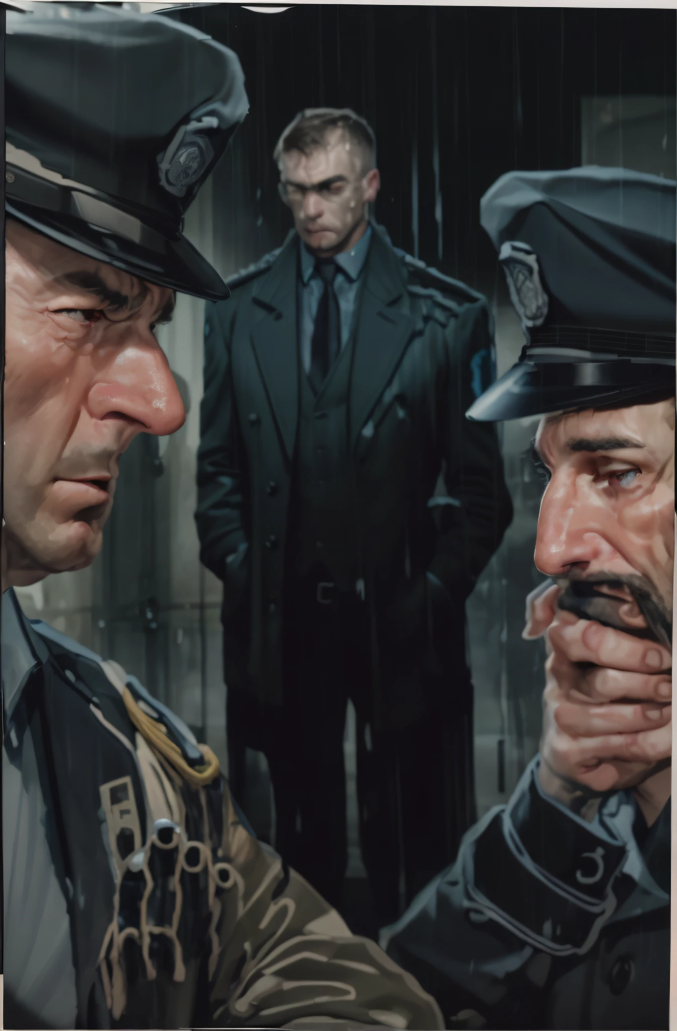 two police officers with sad faces and making a disgusted face because of a bad smell in the foreground, in the background Lieutenant Gordom with his head down and a sad face, The atmosphere is dense and full of tension and rain, with greenish lighting creating a perfect setting for a dark and mysterious story