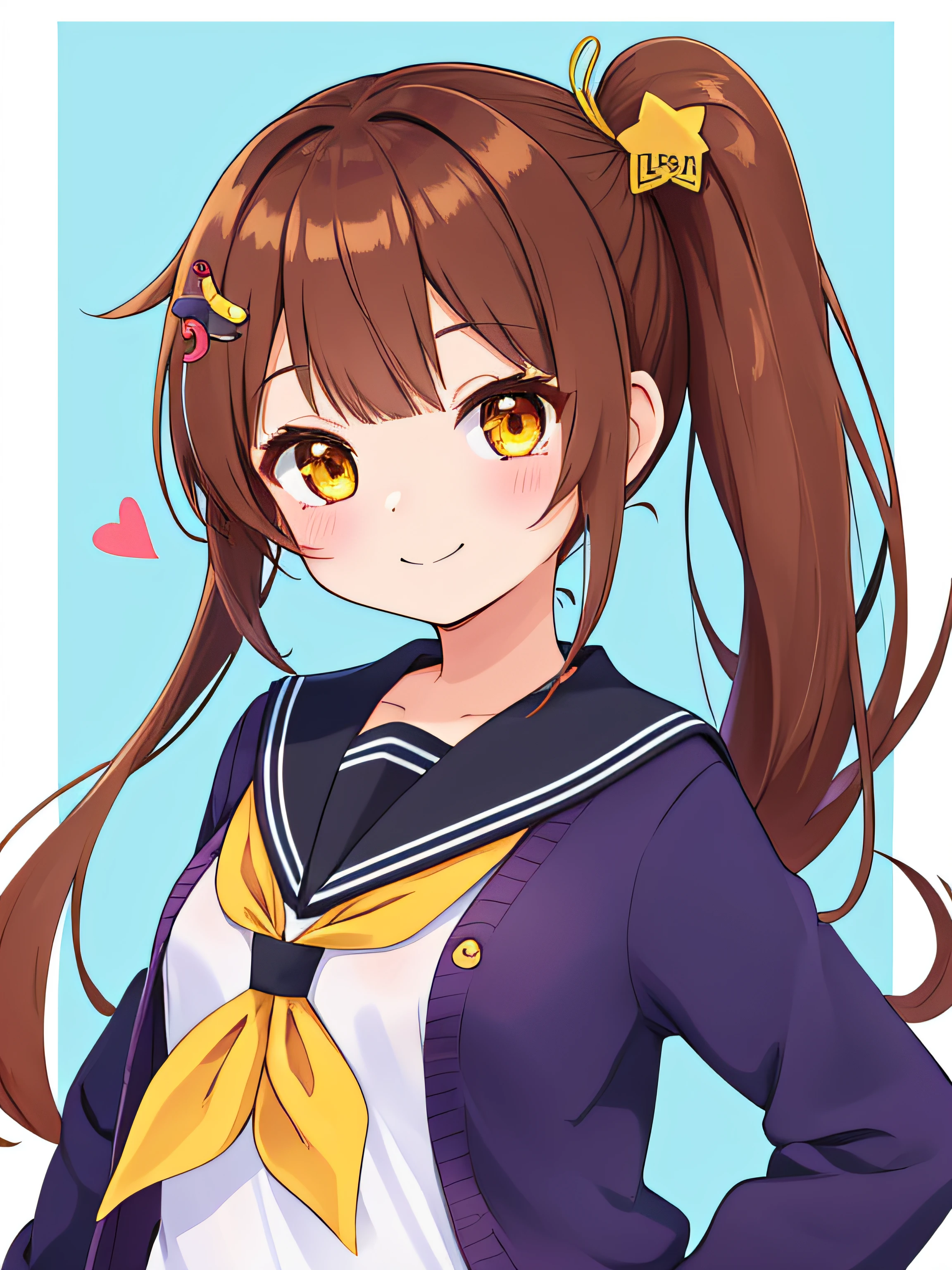 Ichige style, 1girl in, Solo, Brown hair, heart mark, Hair Ornament, School uniform, Side Ponytail, Smile, Looking at Viewer, neckerchief, Upper body, Heart Hair Ornament, Cardigan, Sailor collar, serafuku, black sailor collar, Bangs, Yellow eyes, Closed mouth, Long hair, Brown eyes, Purple Neckerchief, striped background, 鎖骨, Striped, polka dot, Star (symbol)