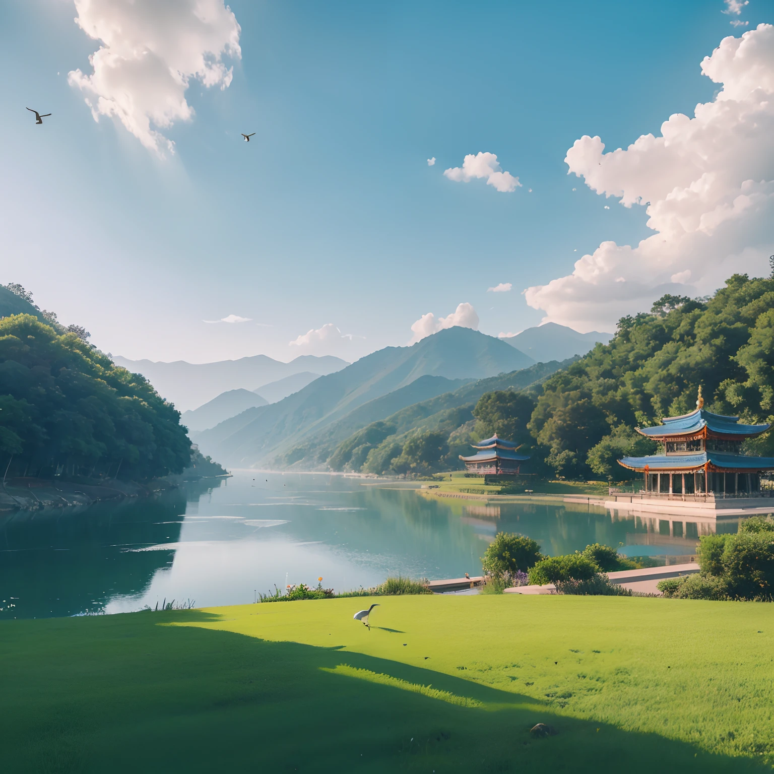 mont,Eau,blue-sky,baiyun,grass field,the birds,temple,Monks,flock,vertical screen,Wallpapers