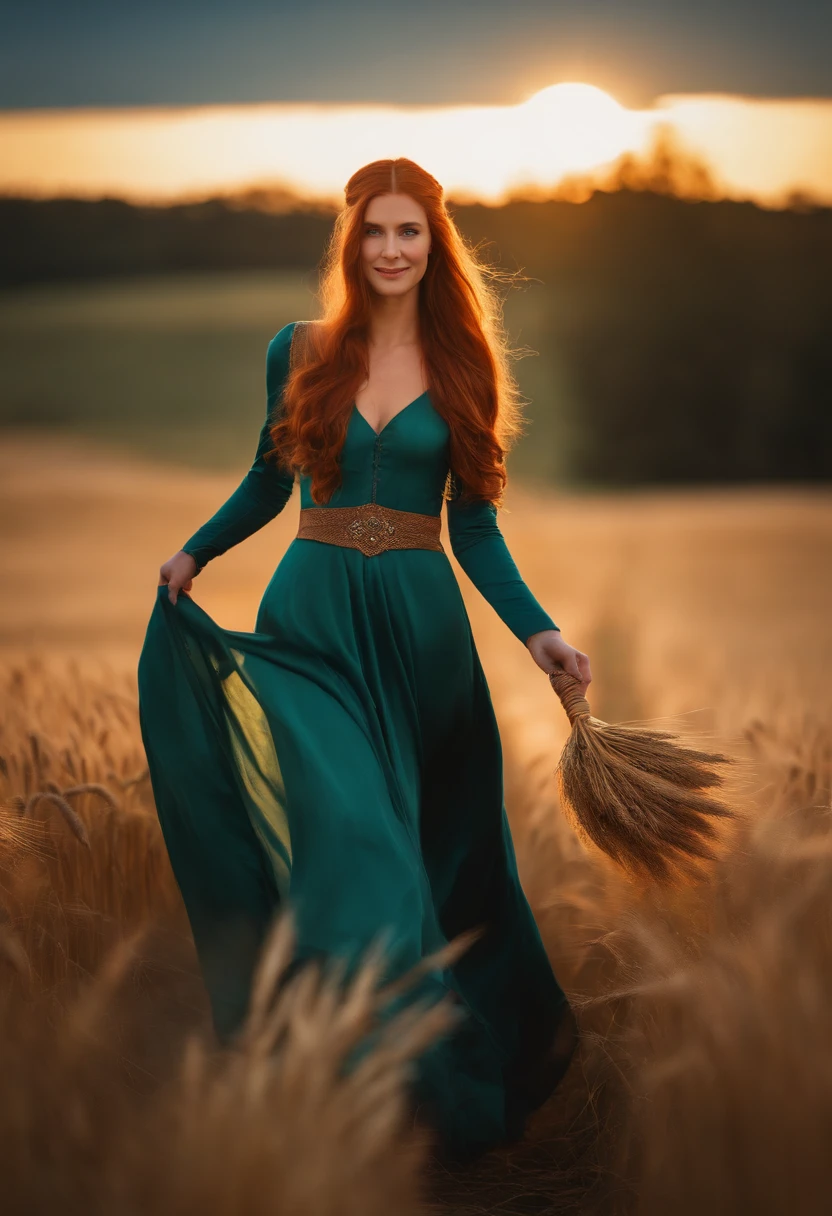 1 girl, solo, long orange hair, running, (high wheat field), turning around, emerald eyes, long blue dress, middle ages, medieval outfit, long sleeves sunset, light from behind, shadow on the figure, smile, laughter, (blue sky), against the background of wheat, standing in the distance, looking at the viewer, full-length