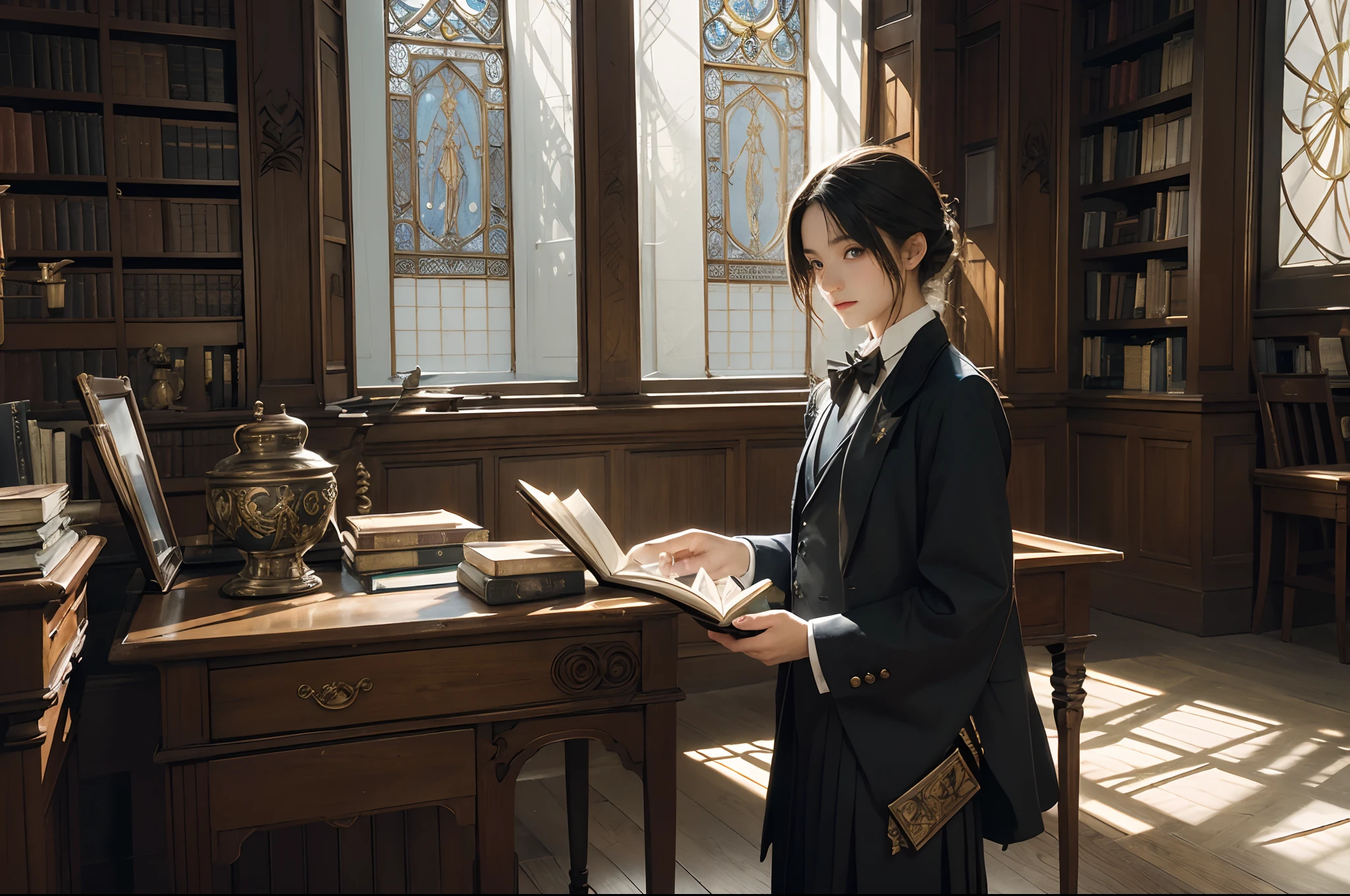 A young student of magic arts, dressed with weird school uniform,  inside of an art nouveau Bibliotheca full with ancient books, desks, tables, large windows, an old magician reading a book, magical instruments, alchemy an astrologiccal drawings on walls, illuminated by natural light through the windows. Highly detailed, photorealistic.