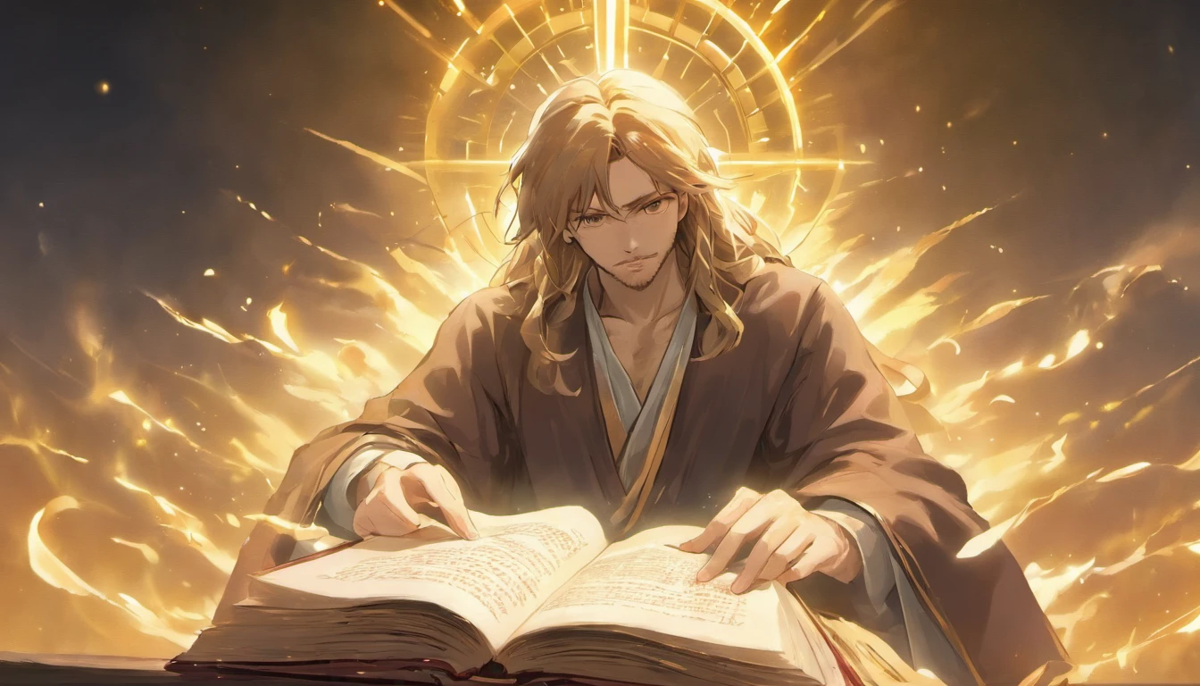 (melhor qualidade,Altas,master part:1.2),ultra-detalhado,Realistic,fotorrealista:1.37,Jesus como um juiz justo apontando o dedo para um livro aberto,julgamento justo.Jesus vestindo um manto branco com uma faixa dourada,santo e majestoso,Longas,flowing and full hair,barba graciosa,Olhos gentis e compassivos,olhar penetrante,Exalando sabedoria e autoridade. The open book symbolizing his divine role as judge on the Day of Judgment,pairando no ar,iluminado por uma luz divina. O livro mostrando caligrafia intrincada,escrituras antigas,e conhecimento divino. Around Jesus there is a serene and heavenly atmosphere,with soft golden rays of light descending from above and casting a warm glow over the scene. The background is filled with ethereal clouds and a glimpse of paradise,representando o reino celestial onde o julgamento ocorre. Jesus is calm and composed.,Embodying justice and equity,ready to pronounce his judgment on humanity with justice and love.