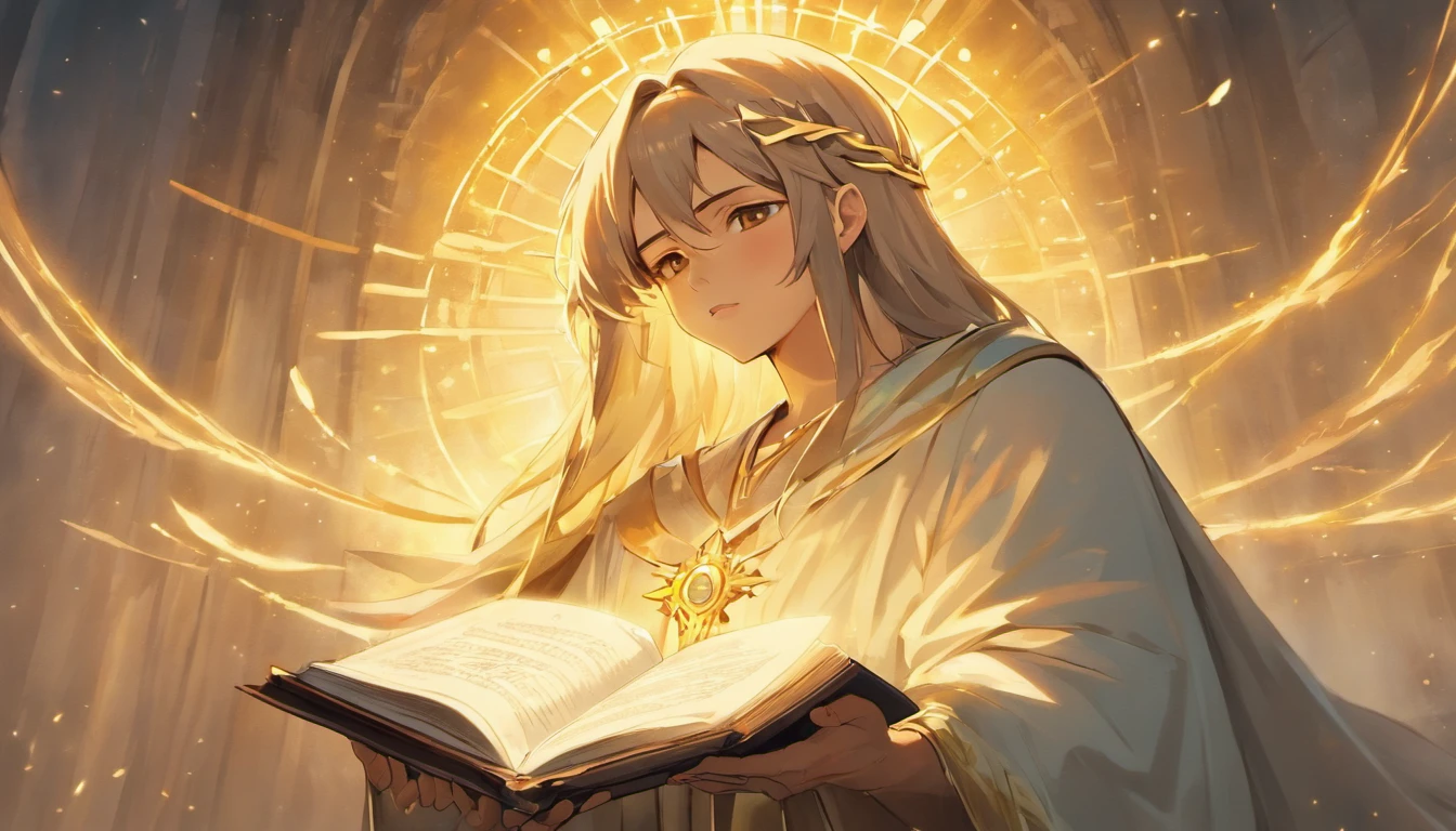 (melhor qualidade,Altas,master part:1.2),ultra-detalhado,Realistic,fotorrealista:1.37,Jesus como um juiz justo apontando o dedo para um livro aberto,julgamento justo.Jesus vestindo um manto branco com uma faixa dourada,santo e majestoso,Longas,flowing and full hair,barba graciosa,Olhos gentis e compassivos,olhar penetrante,Exalando sabedoria e autoridade. The open book symbolizing his divine role as judge on the Day of Judgment,pairando no ar,iluminado por uma luz divina. O livro mostrando caligrafia intrincada,escrituras antigas,e conhecimento divino. Around Jesus there is a serene and heavenly atmosphere,with soft golden rays of light descending from above and casting a warm glow over the scene. The background is filled with ethereal clouds and a glimpse of paradise,representando o reino celestial onde o julgamento ocorre. Jesus is calm and composed.,Embodying justice and equity,ready to pronounce his judgment on humanity with justice and love.