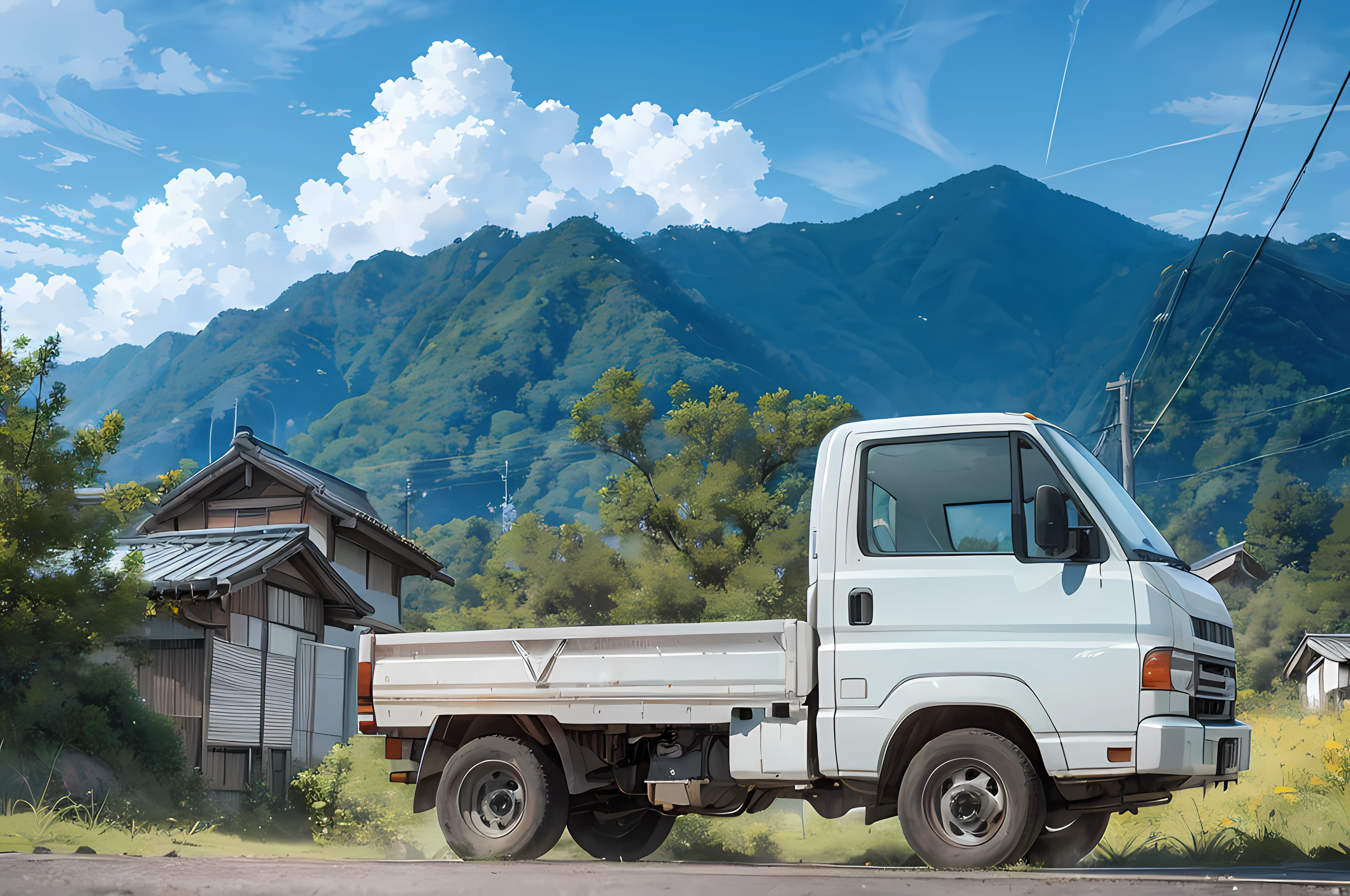there is a white truck parked on the side of the road, vehicle photography, japan rural travel, wallpaper - 1 0 2 4, vehicle profile, scenic full shot, sideview, in a scenic background, side angle, ( side ) profile, side perspective, very wide view, new vehicle, forward facing angle, けもの, vehicle concept photo!!