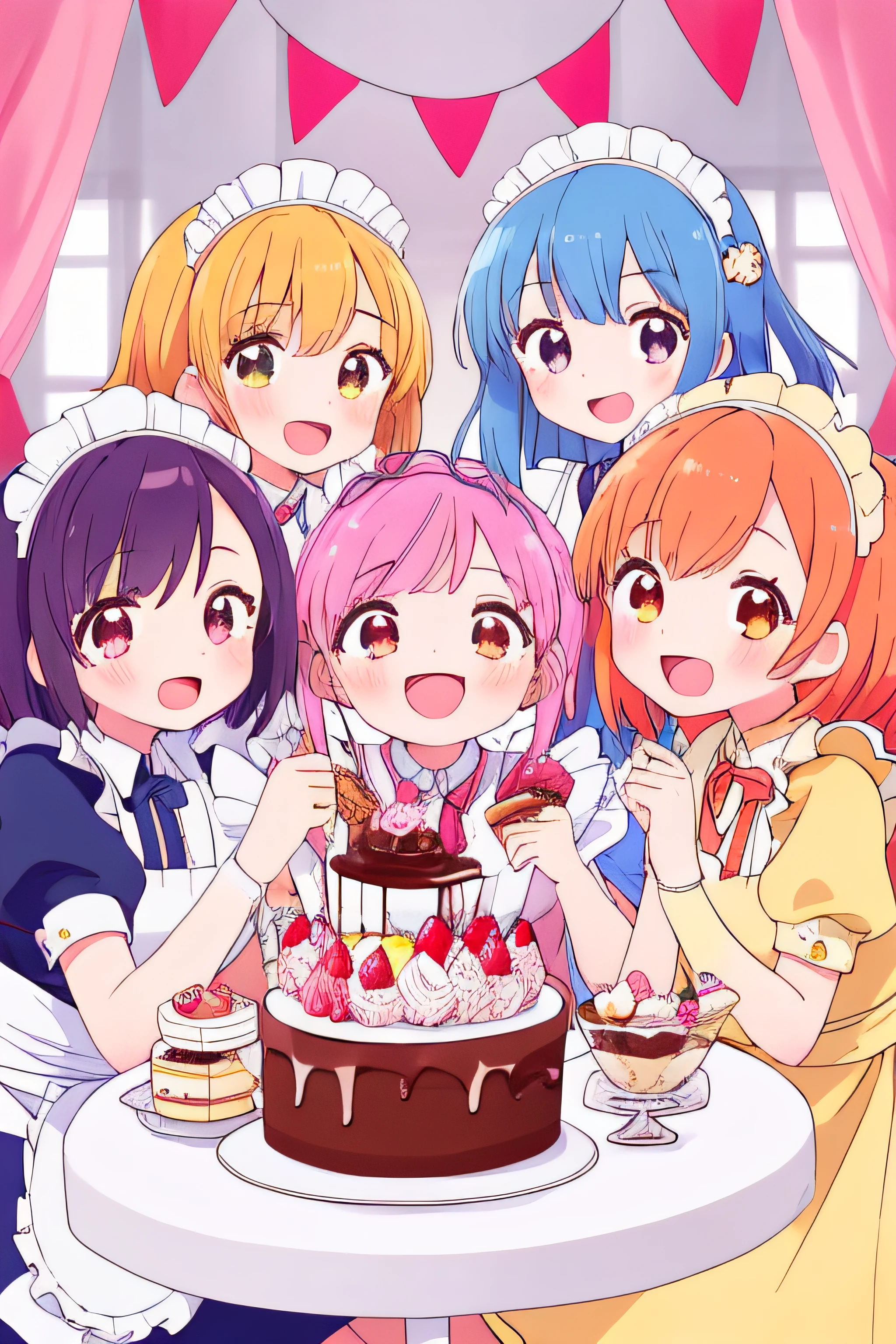 4+ Girls, Multi-colored hair, Sweet maid, Random and cute faces, Super happy smile, Open mouth, in group photograph, Zoom, Sweet tea party, Lots of cakes, buttoning, chocolate, parfait, cookies, land of sweets