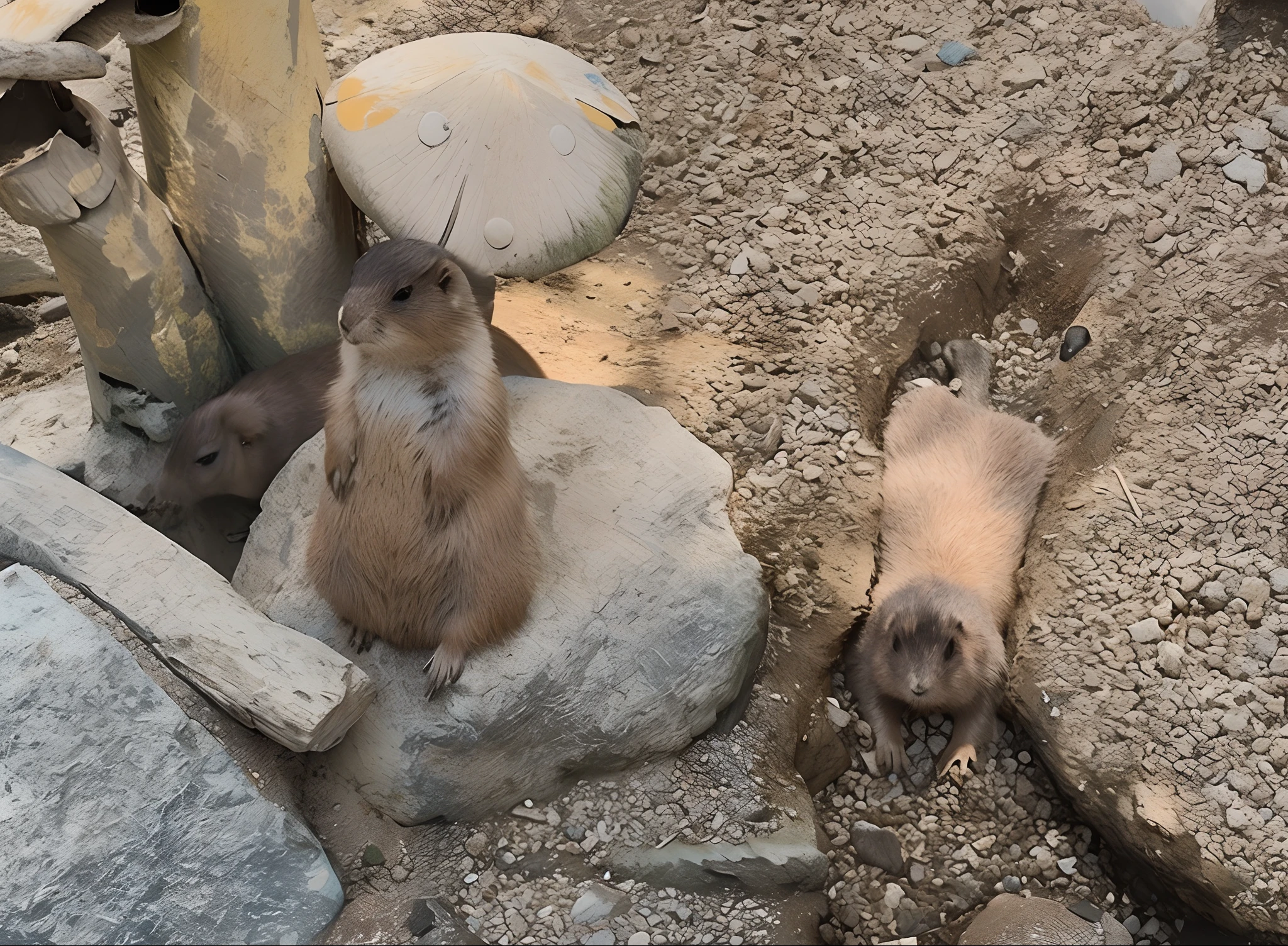 There are two small animals sitting on some rocks, The black-tailed marmot looks at the camera, laying on their back, Pose for Camera, proud look,