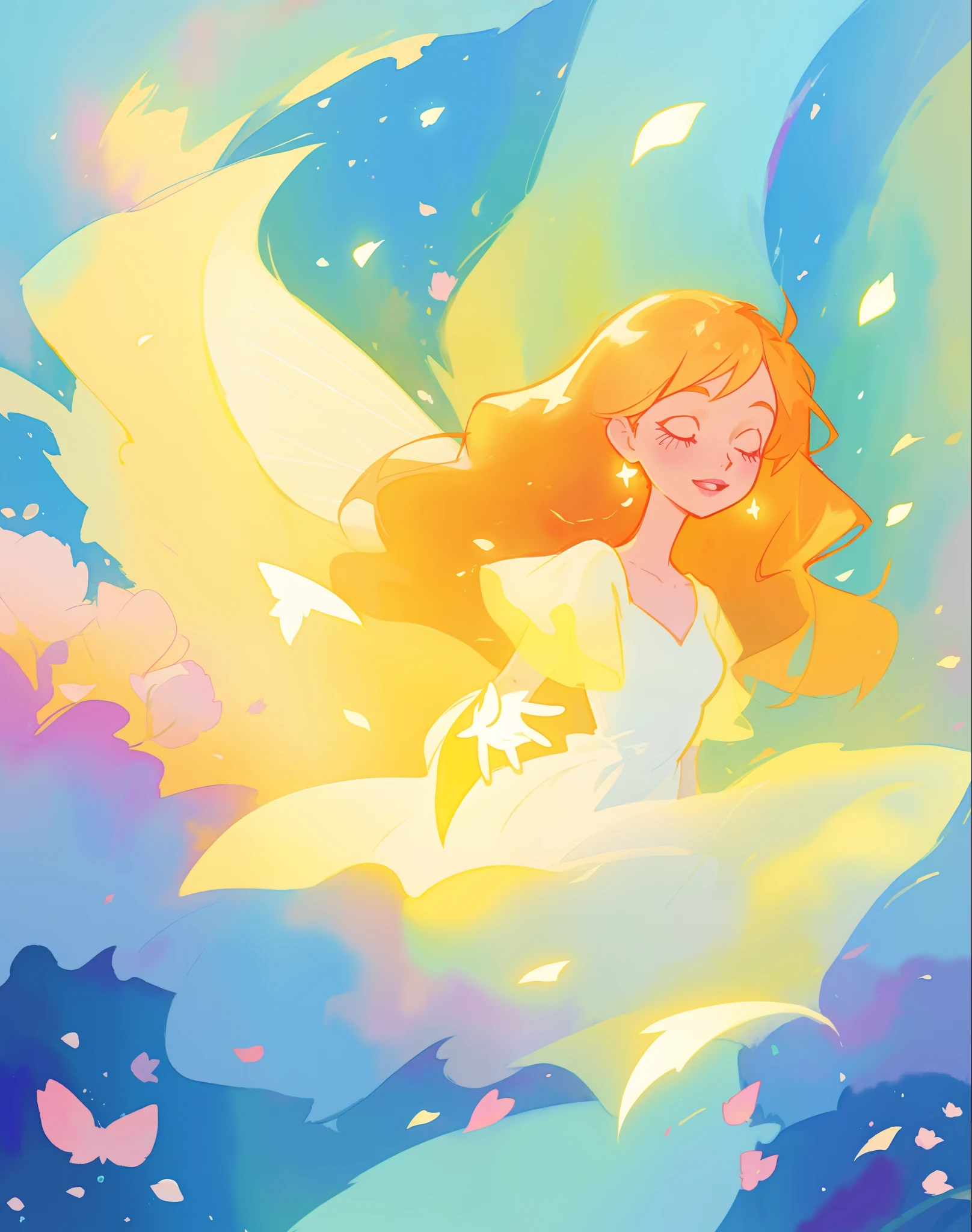 beautiful girl in flowing multi-layered dress, fairy dress, long golden hair, watercolor illustration, inspired by Glen Keane, inspired by Lois van Baarle, disney art style, by Lois van Baarle, glowing aura around her, by Glen Keane, jen bartel, glowing lights! digital painting, flowing glowing hair, glowing flowing hair, beautiful digital illustration, fantasia otherworldly landscape plants flowers, beautiful, masterpiece, best quality, anime disney style