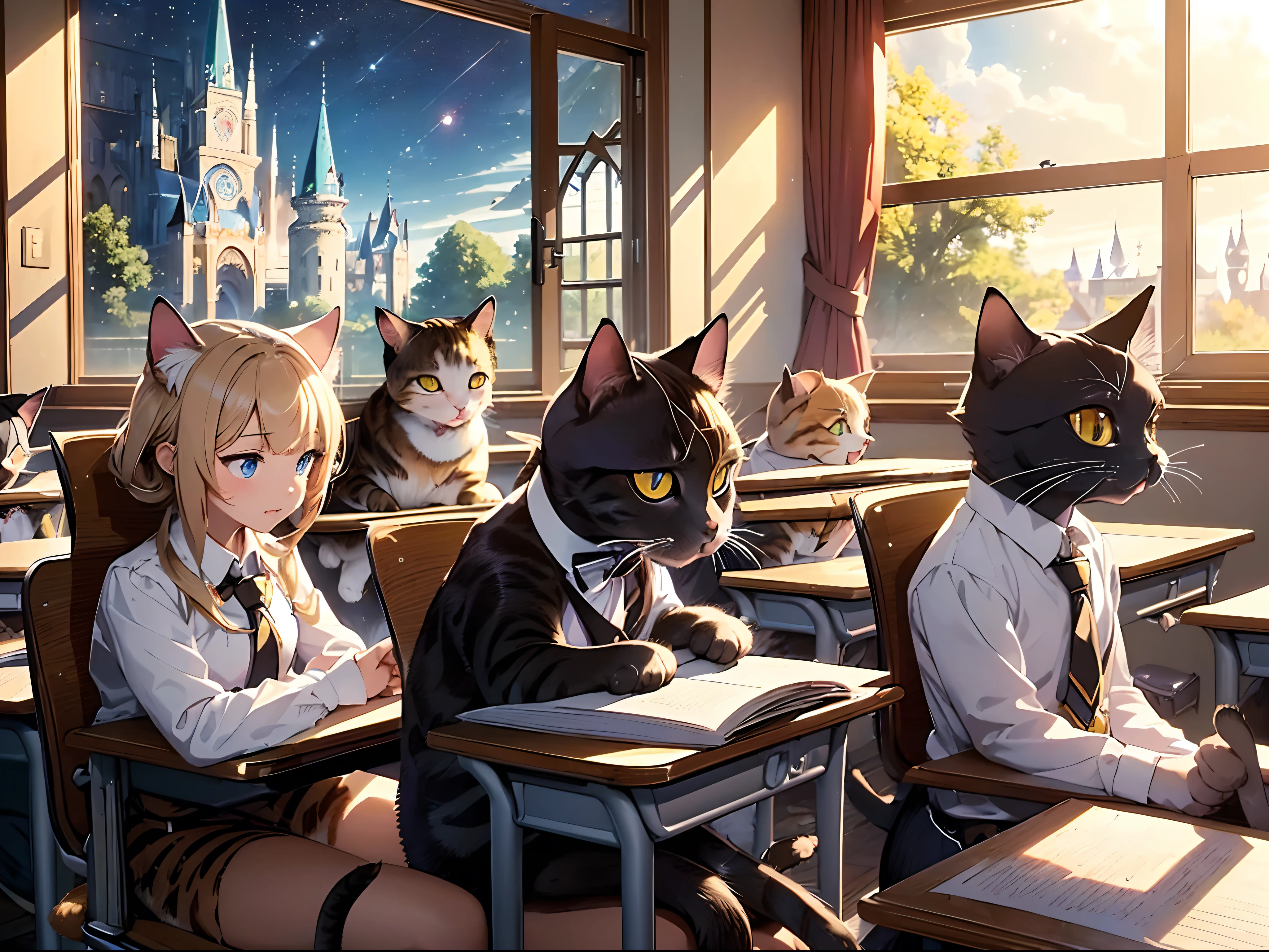 (masterpiece, best quality, hires, ultra-detailed:1.2), isekai, scenery, (magical academy:1.5), classroom, school desks, school chairs, (witch:1.2), chalkboard, (many cats sitting desks:1.5), (night), lamps, dynamic angle, from outside, through window