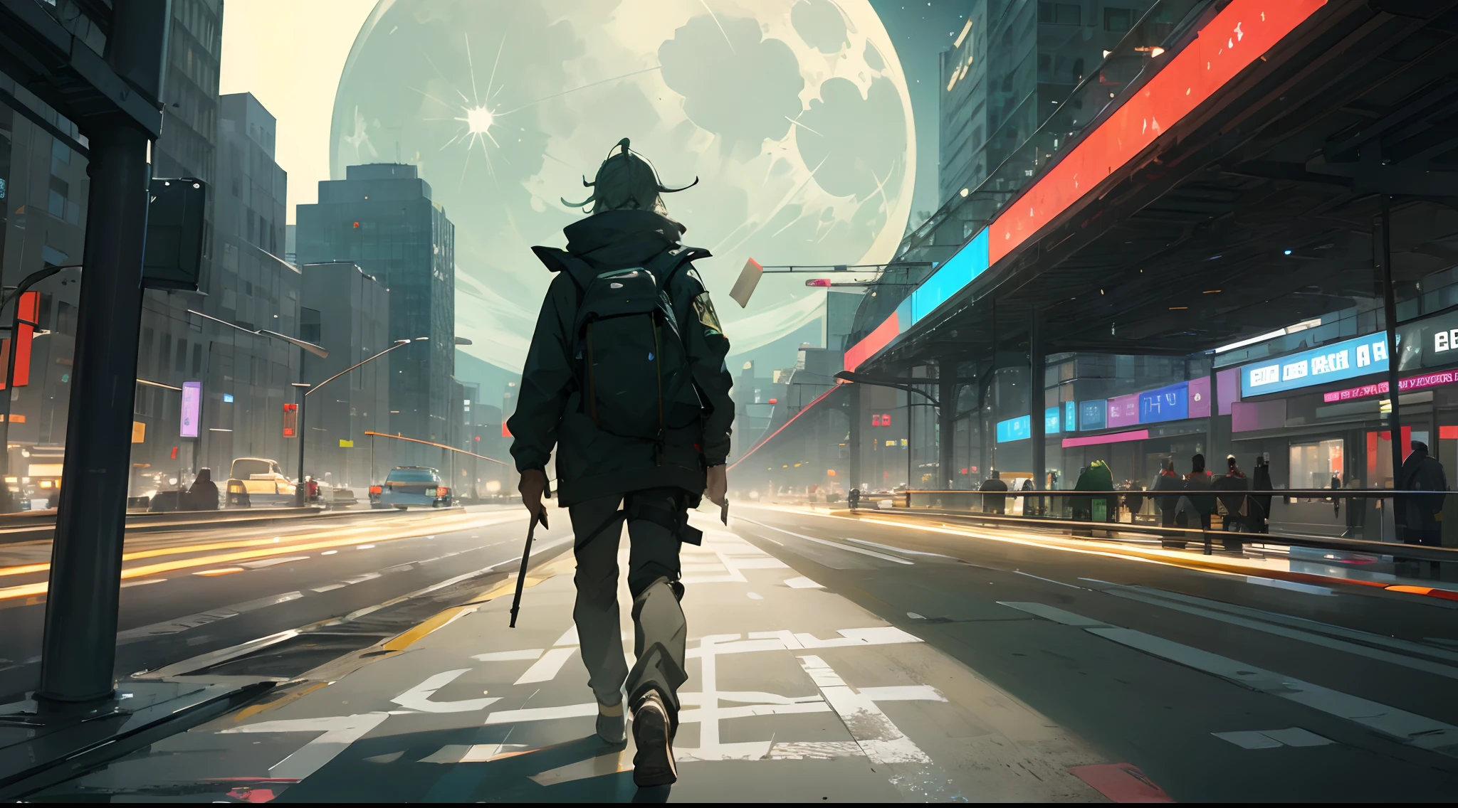 An green atmosphere where it's the year 2055 where we can see our moon very near walking in the streets of New York ,where all the people busy on there work