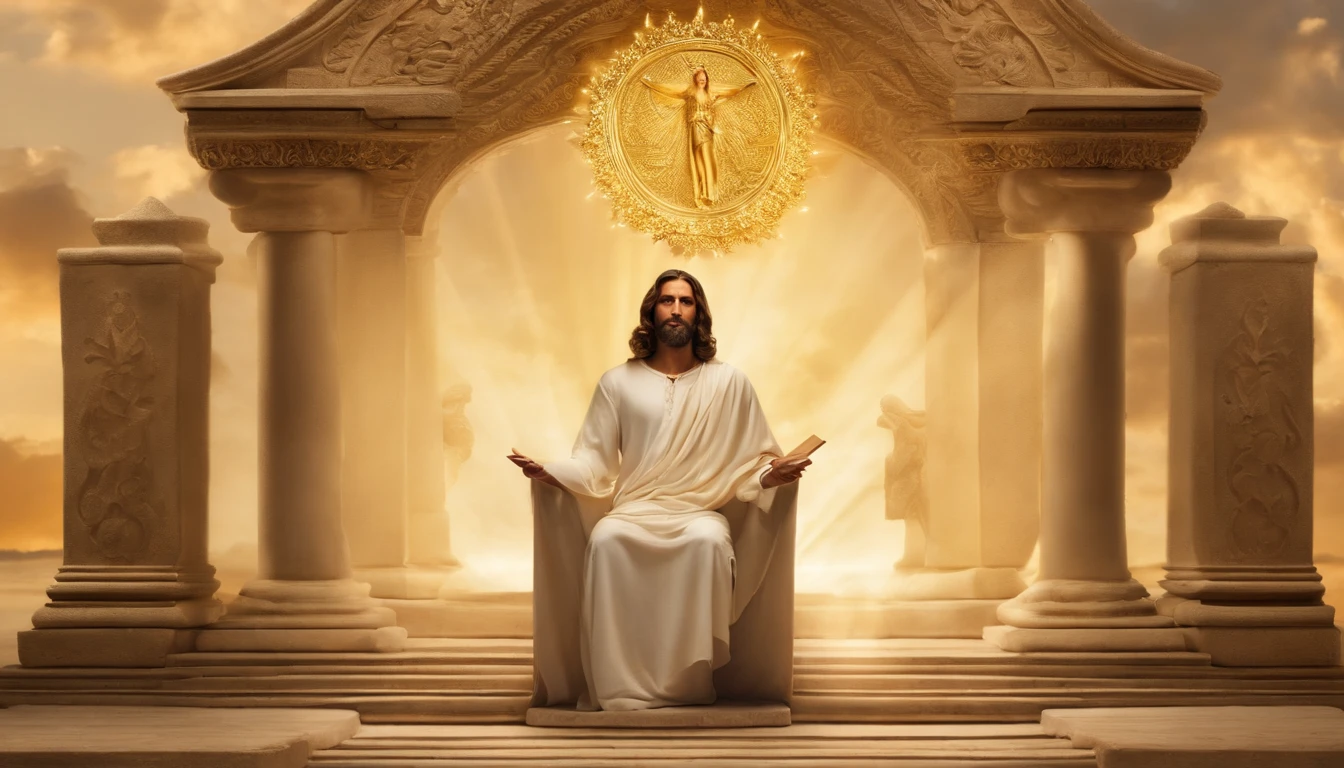 (melhor qualidade,Altas,master part:1.2),ultra-detalhado,Realistic,fotorrealista:1.37,Jesus como um juiz justo apontando o dedo para um livro aberto,julgamento justo.Jesus vestindo um manto branco com uma faixa dourada,santo e majestoso,Longas,flowing and full hair,barba graciosa,Olhos gentis e compassivos,olhar penetrante,Exalando sabedoria e autoridade. The open book symbolizing his divine role as judge on the Day of Judgment,pairando no ar,iluminado por uma luz divina. O livro mostrando caligrafia intrincada,escrituras antigas,e conhecimento divino. Around Jesus there is a serene and heavenly atmosphere,with soft golden rays of light descending from above and casting a warm glow over the scene. The background is filled with ethereal clouds and a glimpse of paradise,representando o reino celestial onde o julgamento ocorre. Jesus is calm and composed.,Embodying justice and equity,ready to pronounce his judgment on humanity with justice and love.