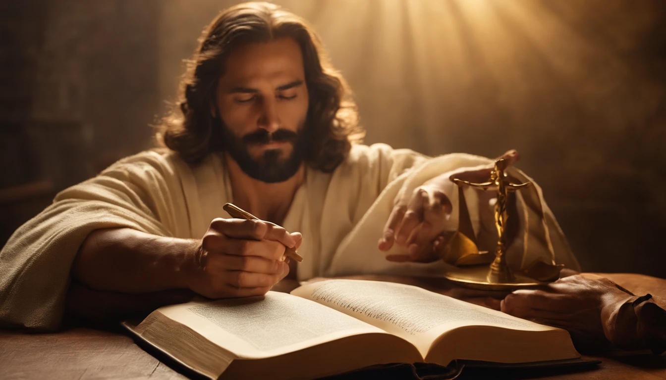 (melhor qualidade,Altas,master part:1.2),ultra-detalhado,Realistic,fotorrealista:1.37,Jesus como um juiz justo apontando o dedo para um livro aberto,julgamento justo.Jesus vestindo um manto branco com uma faixa dourada,santo e majestoso,Longas,flowing and full hair,barba graciosa,Olhos gentis e compassivos,olhar penetrante,Exalando sabedoria e autoridade. The open book symbolizing his divine role as judge on the Day of Judgment,pairando no ar,iluminado por uma luz divina. O livro mostrando caligrafia intrincada,escrituras antigas,e conhecimento divino. Around Jesus there is a serene and heavenly atmosphere,with soft golden rays of light descending from above and casting a warm glow over the scene. The background is filled with ethereal clouds and a glimpse of paradise,representando o reino celestial onde o julgamento ocorre. Jesus is calm and composed.,Embodying justice and equity,ready to pronounce his judgment on humanity with justice and love.