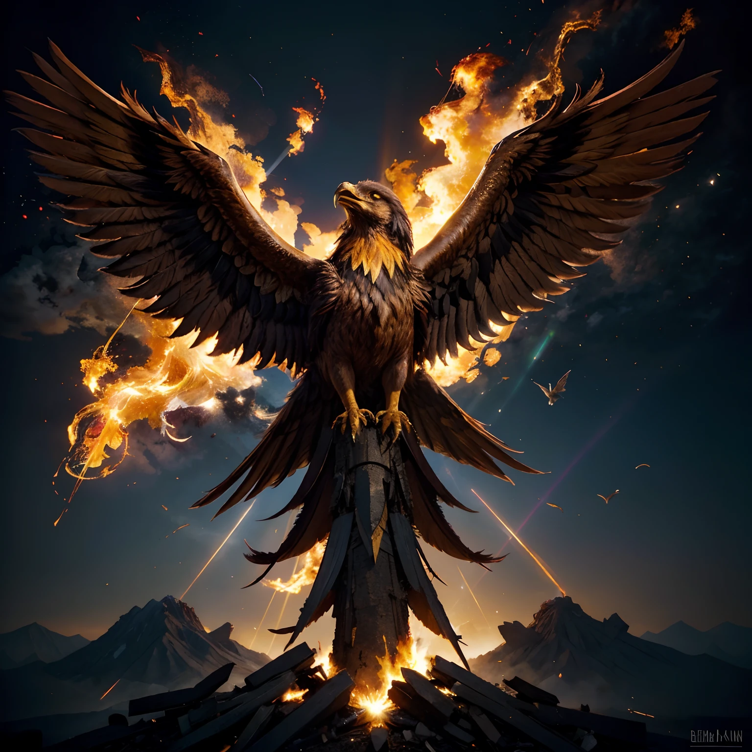 Draw a vibrant phoenix rising from a pile of ashes. The phoenix is rich in color, a combination of gold, red, and purple, with wide-open wings. The pile of ashes under the phoenix's feet is gray or black, creating a strong contrast. From this pile of ashes, a strong beam of light is originating, symbolizing rebirth. The sky around the phoenix is blue or black, with rays of sunlight shining down, creating a hopeful and lively painting.