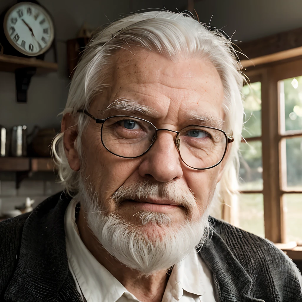 Half-body portrait of an 80-year-old elderly man with a long, white beard, white hair, blue eyes, and thin-framed glasses. Realistic skin with age-related wrinkles. Studio chiaroscuro lighting. Farmhouse kitchen environment. Background with depth of field. 8k resolution.