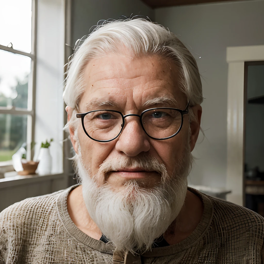 Half-body portrait of an 80-year-old elderly man with a long, white beard, white hair, blue eyes, and thin-framed glasses. Realistic skin with age-related wrinkles. Studio chiaroscuro lighting. Farmhouse kitchen environment. Background with depth of field. 8k resolution.