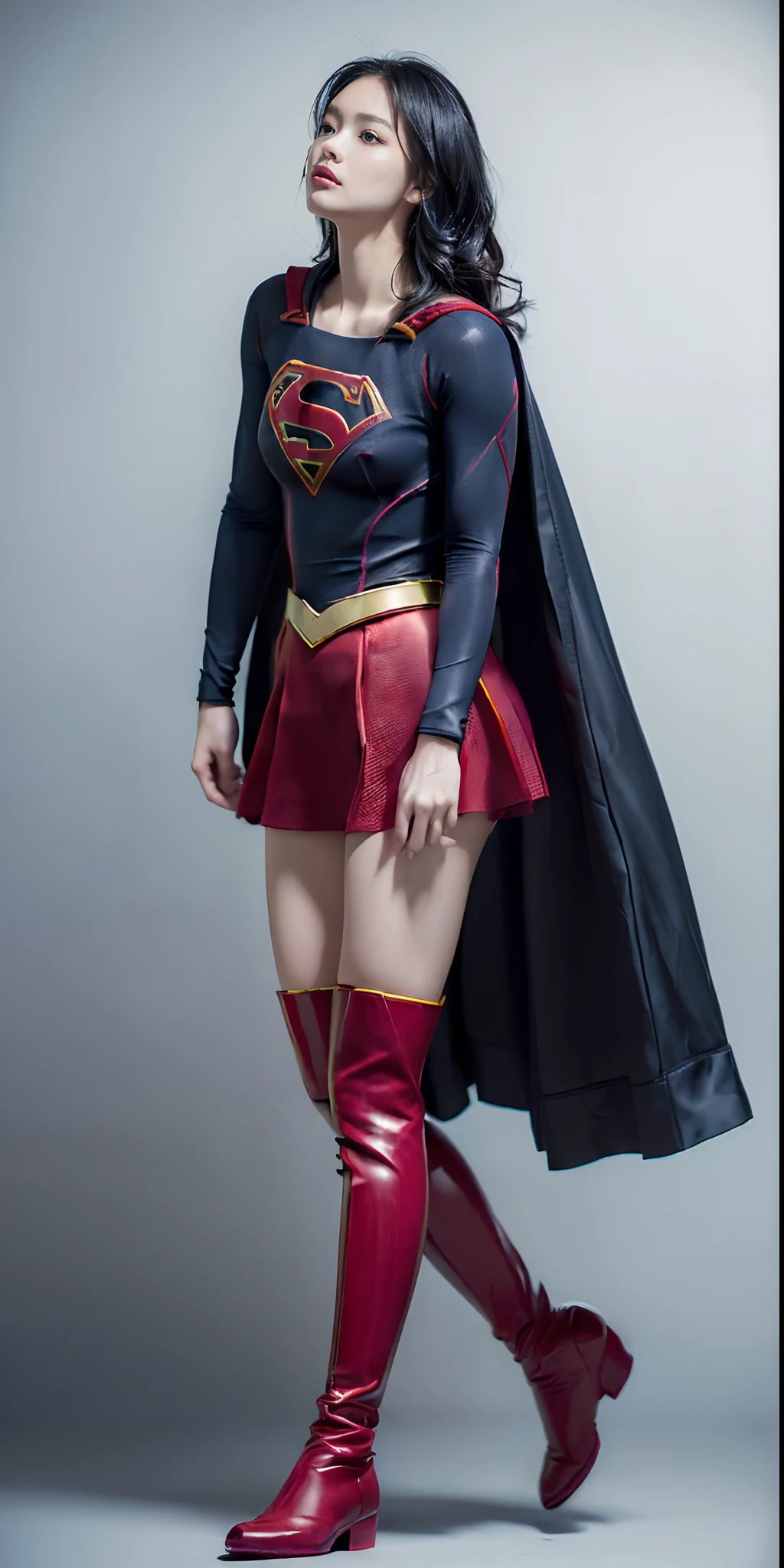 (((Wear black tights on your beautiful legs.)))、(((Grow legs、tall、beauty legs)))、(((facial expression of smile)))、((((Make the most of the original image)))、(((Supergirl Costume)))、(((Beautiful short hair、The hair)))、(((Suffering)))、(((Feet must necessarily be worn with black tights)))、(((You need to wear red boots)))、((Top image quality、8K))、((top-quality、8K、​masterpiece:1.3))、(((Keep your background simple)))、Crisp focus:1.2、Beautiful woman with perfect body shape:1.4、Slender Abs:1.2、a wet body:1.5、Highly detailed facial and skin texture、8K