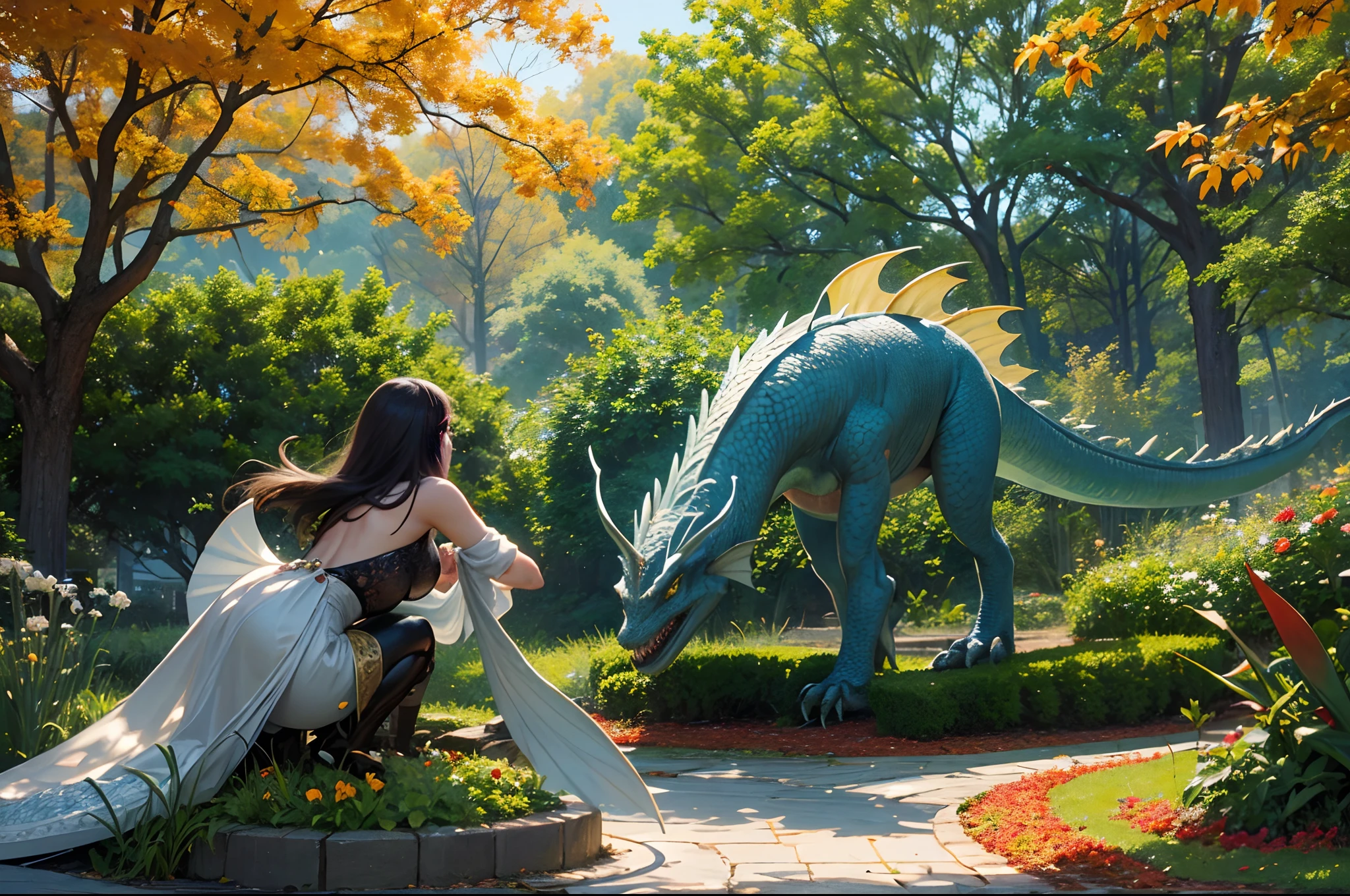 Young magician training a dragon, beautiful garden with flowers an trees, autumn day, traditional Academic building as background, fish eye lens, highly detailed.