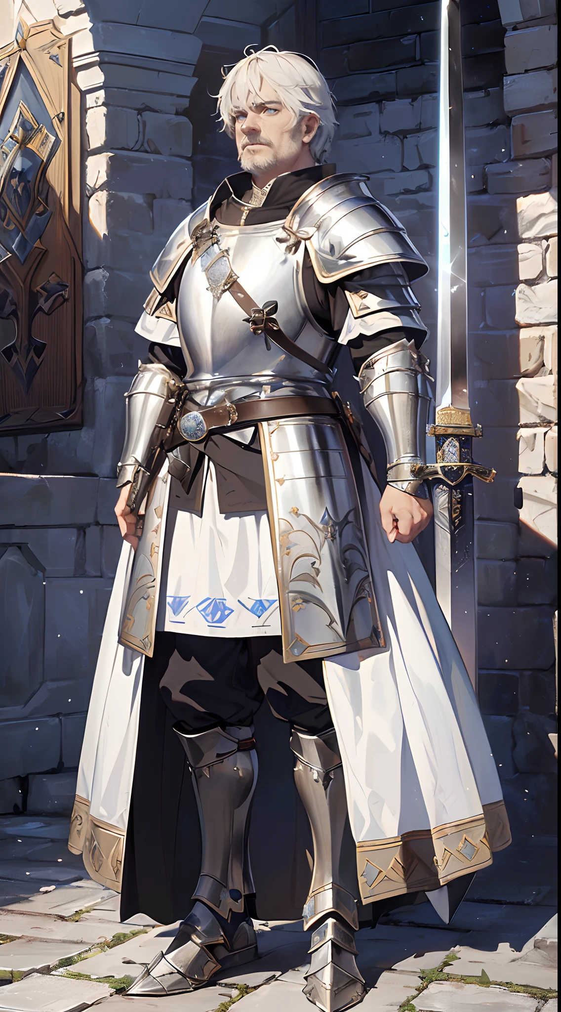 Solo,Absurd resolution、hight resolution、(masterpiece:1.4)、ultra-detailliert、(Detailed finger),((One middle-aged man)),((Knights))、((Knight Man)),Fantasy costume,Original Character,((Wearing armor))、((Heavy armor、breastplates)),(With a Western sword:1.5),((Costumes of medieval Europe)),, (Facing:1.2),(Full body portrait),(Standing:1.3),((white backgrounid:1.4))