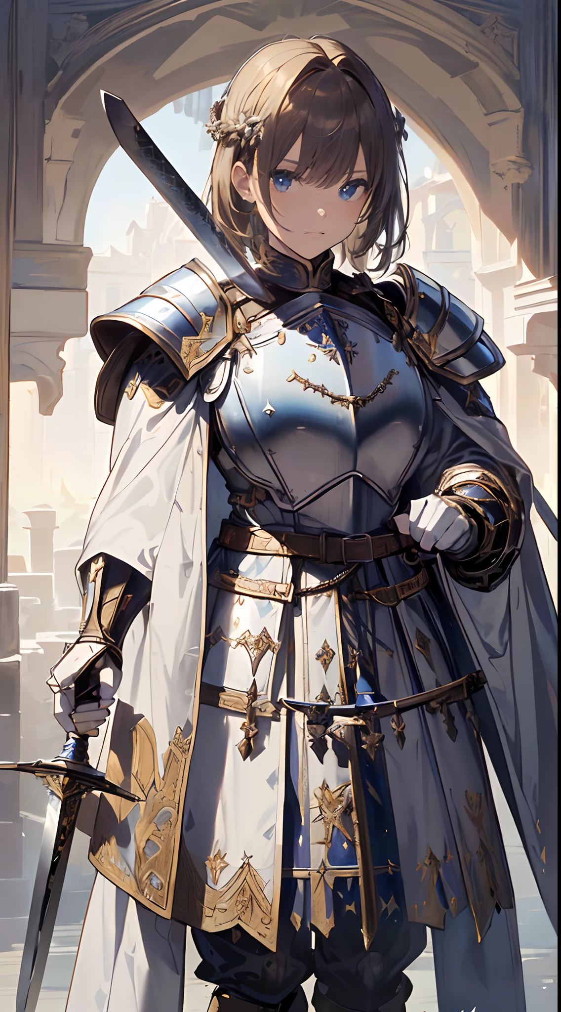 Solo，Absurd resolution、hight resolution、(​masterpiece:1.4)、ultra-detailliert、(Detailed finger),((One middle-aged man)),((Knights))、((Knight Man)),Fantasy costume,Original Character,((Wearing armor))、((Heavy armor、breastplates)),(With a Western sword:1.5),((Costumes of medieval Europe)),, (Facing:1.2),(Full body portrait),(Standing:1.3),((white backgrounid:1.4))