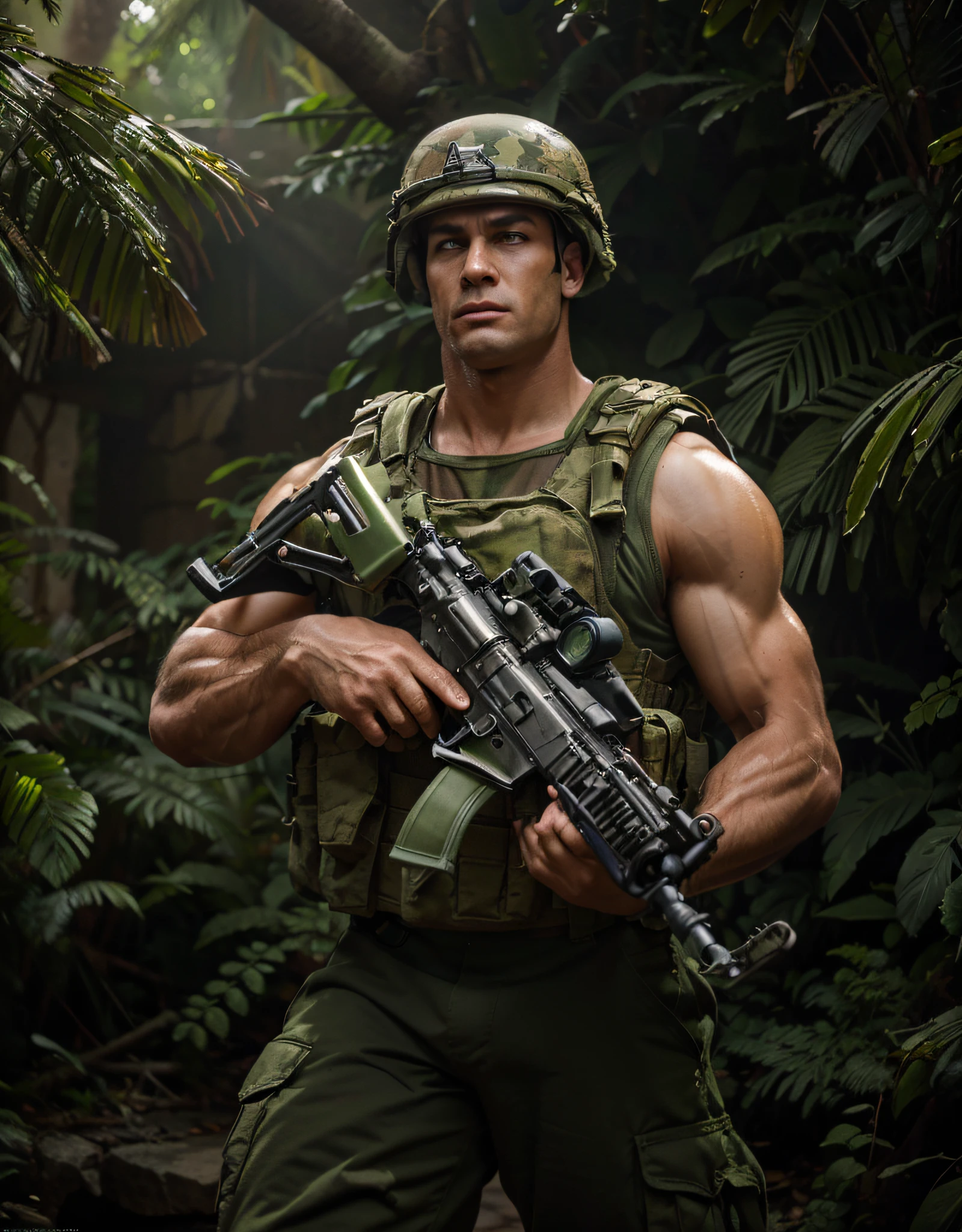 ultra-muscular North 1960' style American soldier, olive green camouflage military uniform, top tank t shirtbulletproof vest, carries a large heavy machine gun, is in an ultra detailed jungle, Ultra detailed, Hyper realistic, 4k, Ultra detailed image, realistic, Highly detailed, perfect composition , beautiful intricately detailed incredibly detailed, 8K fine art photography, hyper detailed, Masterpiece