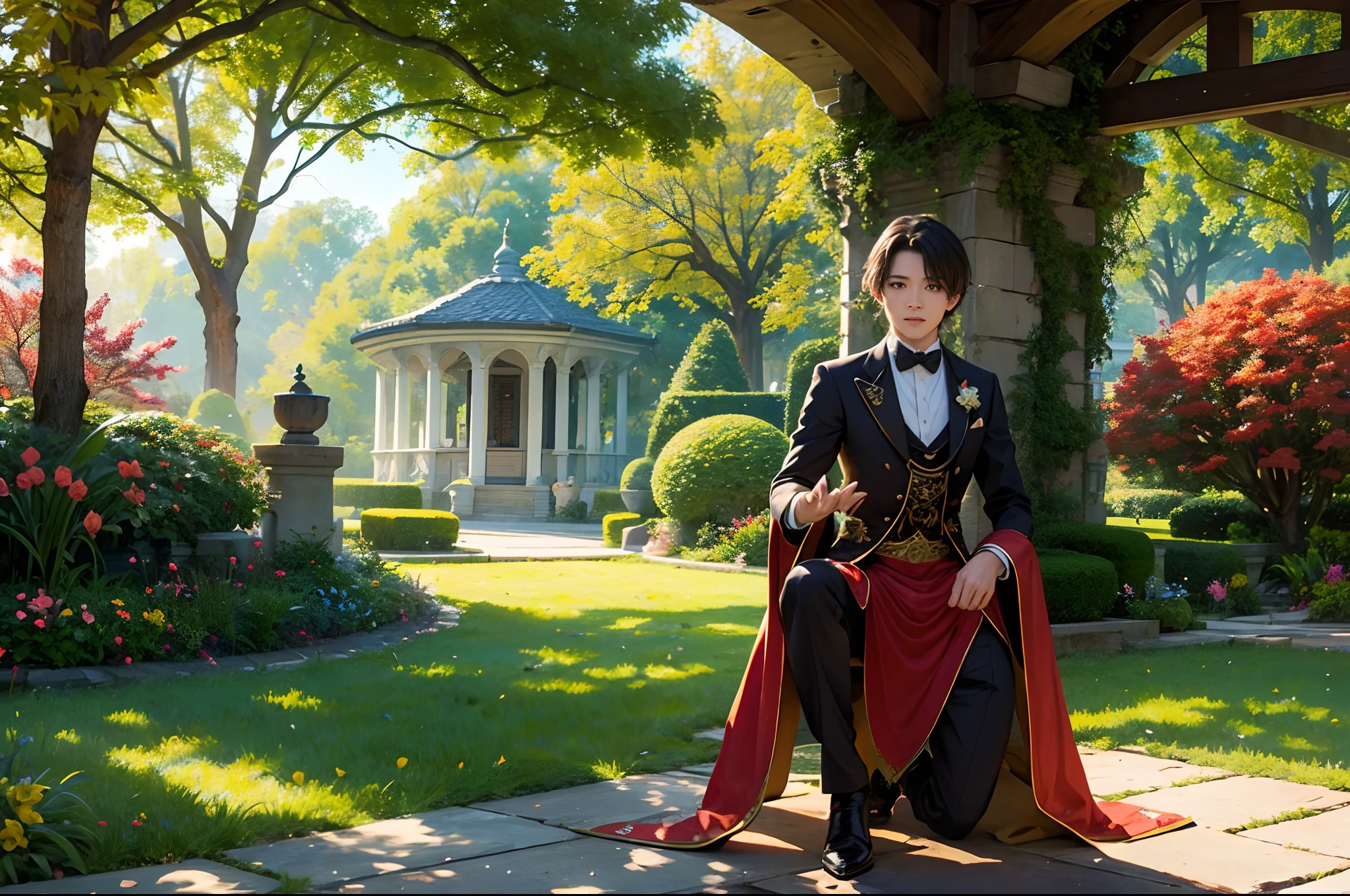 Young magician training a dragon, beautiful garden with flowers an trees, autumn day, traditional Academic building as background, fish eye lens, highly detailed.
