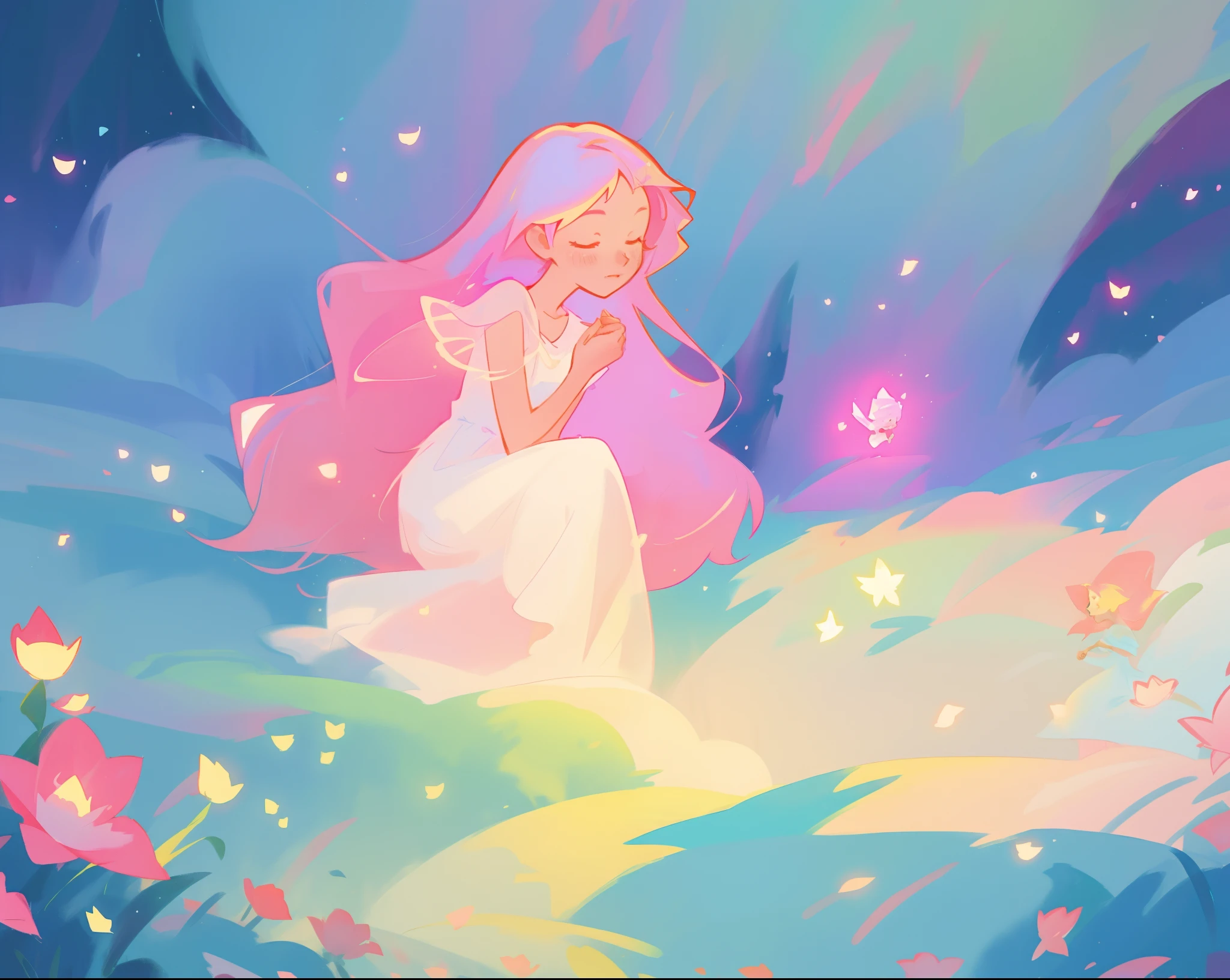 beautiful girl in white dress, fairy dress, beautiful girl sitting in a field with pink red flowers, glowing lights, whimsical landscape, long pink flowing hair, watercolor illustration, inspired by Glen Keane, inspired by Lois van Baarle, disney art style, by Lois van Baarle, glowing aura around her, by Glen Keane, jen bartel, glowing lights! digital painting, flowing glowing hair, glowing flowing hair, beautiful digital illustration, fantasia otherworldly landscape plants flowers, beautiful, masterpiece, best quality, anime disney style