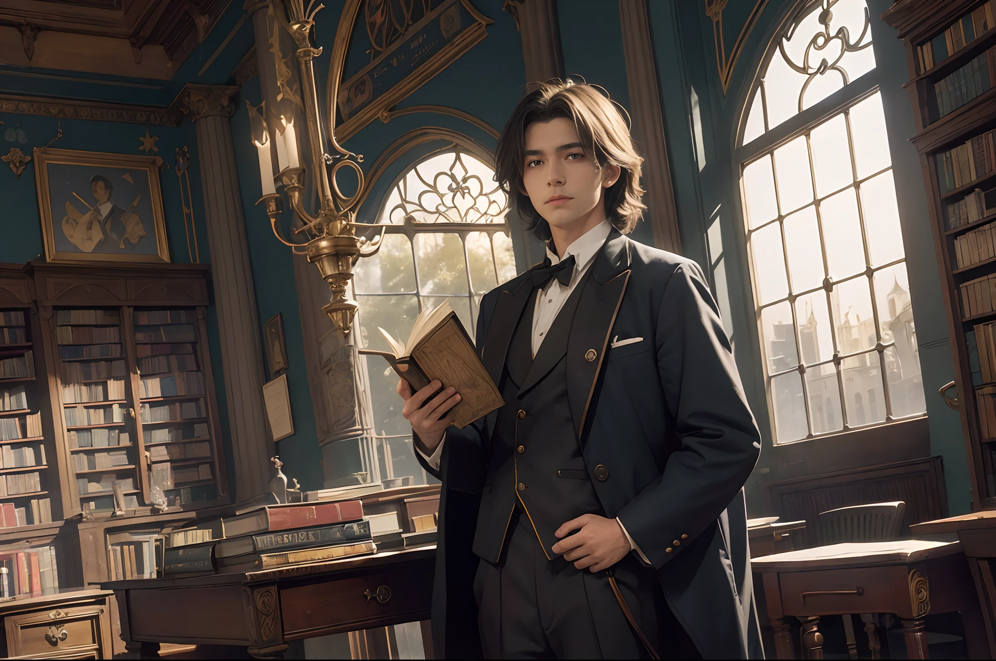 A young student of magic arts, dressed with weird school uniform,  inside of an art nouveau Bibliotheca full with ancient books, desks, tables, large windows, an old magician reading a book, magical instruments, alchemy an astrologiccal drawings on walls, illuminated by natural light through the windows. Highly detailed, photorealistic.