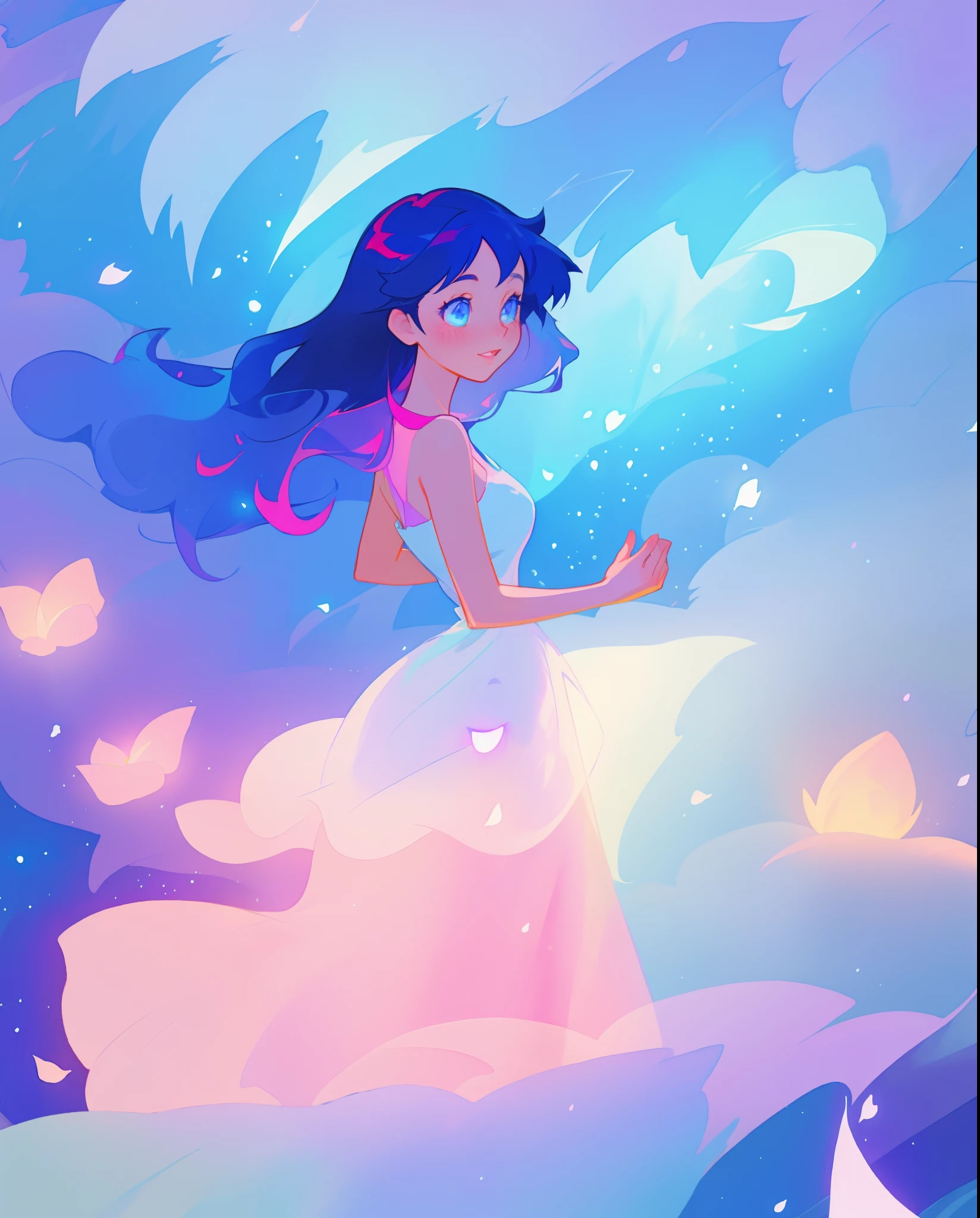 beautiful girl in puffy white ballgown, long dark hair, magical glowing blue lights coming from her hands, magical, whimsical, blue pink and purple colors, watercolor illustration, inspired by Glen Keane, inspired by Lois van Baarle, disney art style, by Lois van Baarle, glowing aura around her, by Glen Keane, jen bartel, glowing lights! digital painting, flowing glowing hair, glowing flowing hair, beautiful digital illustration, fantasia otherworldly landscape plants flowers, beautiful, masterpiece, best quality, anime disney style