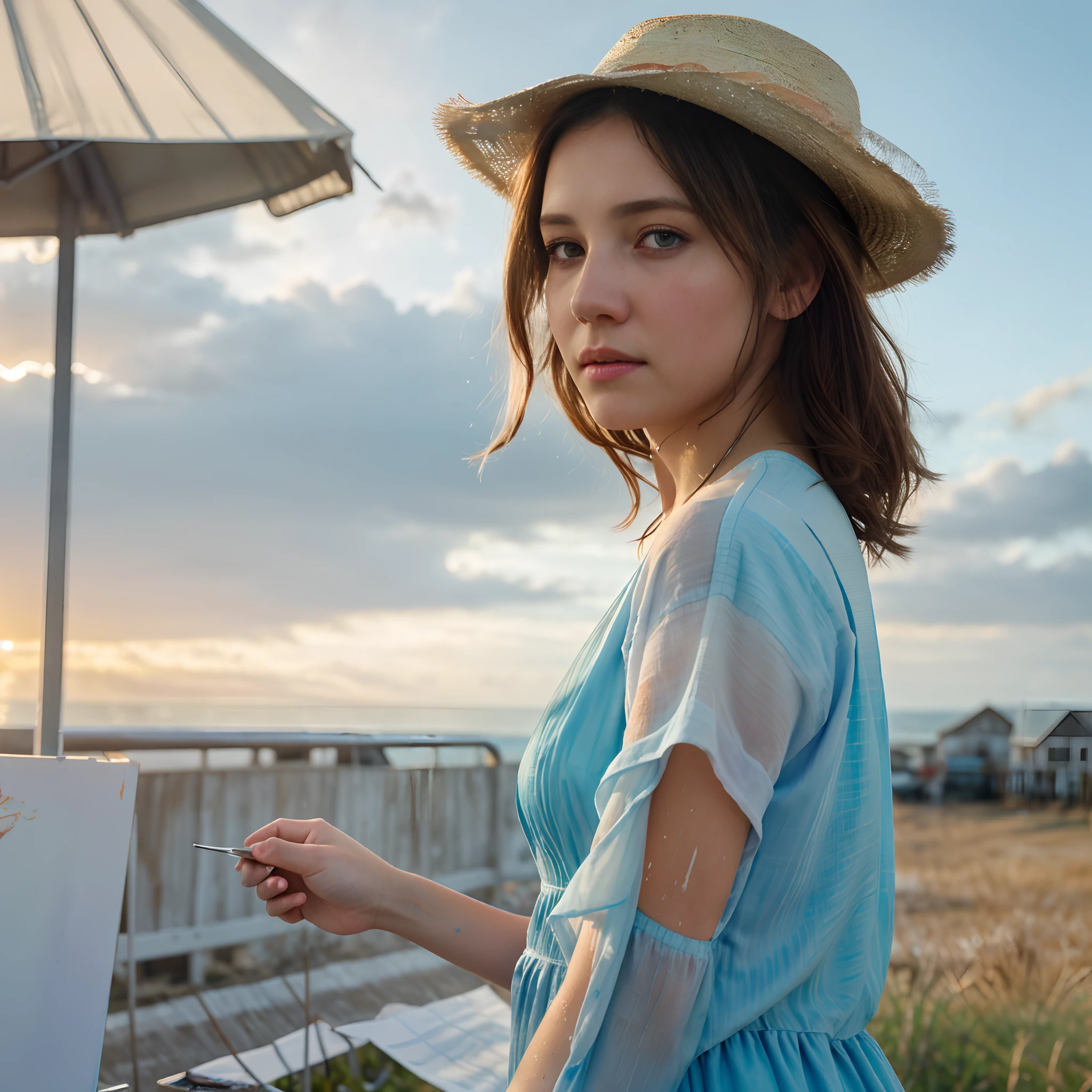 high quality, 8K Ultra HD, masterpiece, Watercolor, wash technique, colorful, A painting with dripping and scattered paint, blurry, pale touch, smudged outline, like a fairy tale, soft touch, summer sky, detailed clouds, back view of woman, country town, Her hair is gently swaying in the breeze, straw hat, full body, sunset, Ocean, pale blue dress, brown hair, luminism, three dimensional effect, enhanced beauty, Albert Anker, Painting like Agnes Cecile, Greg Rutkowski, Artgerm, WLOP, Alphonse Beeple, luminism, 3d render, octane render, Isometric, by yukisakura, awesome full color,