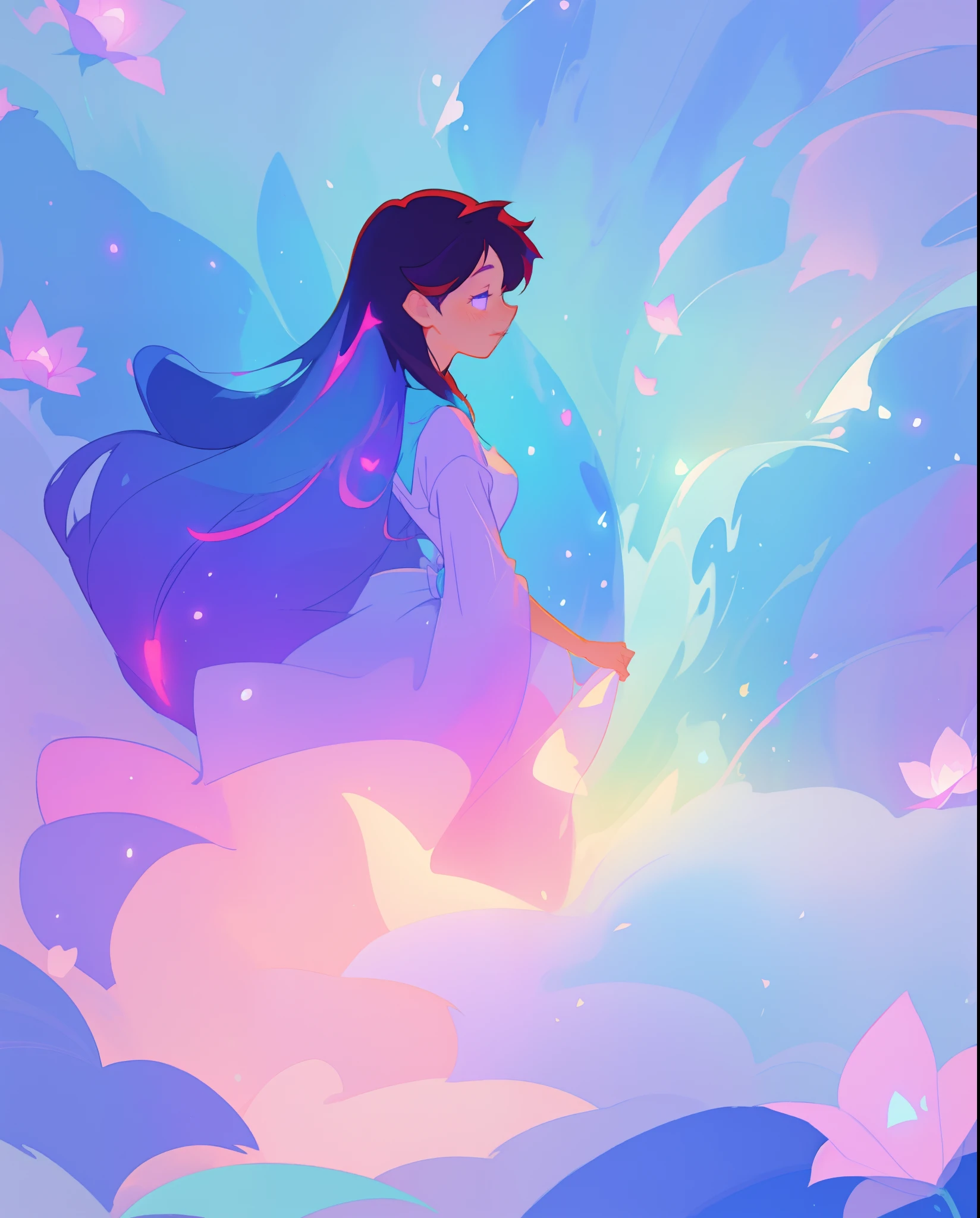 beautiful girl in puffy white ballgown, long dark hair, magical glowing blue lights coming from her hands, magical, whimsical, blue pink and purple colors, watercolor illustration, inspired by Glen Keane, inspired by Lois van Baarle, disney art style, by Lois van Baarle, glowing aura around her, by Glen Keane, jen bartel, glowing lights! digital painting, flowing glowing hair, glowing flowing hair, beautiful digital illustration, fantasia otherworldly landscape plants flowers, beautiful, masterpiece, best quality, anime disney style