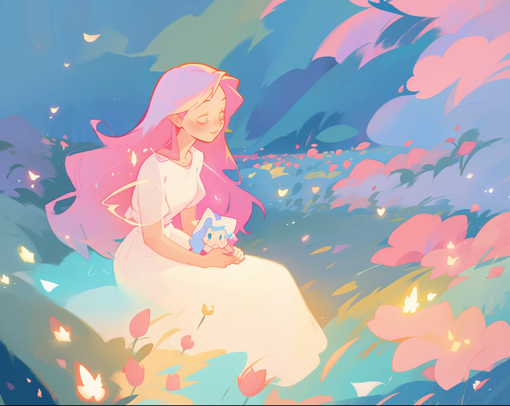 beautiful girl in white dress, fairy dress, beautiful girl sitting in a field with pink red flowers, glowing lights, whimsical landscape, long pink flowing hair, watercolor illustration, inspired by Glen Keane, inspired by Lois van Baarle, disney art style, by Lois van Baarle, glowing aura around her, by Glen Keane, jen bartel, glowing lights! digital painting, flowing glowing hair, glowing flowing hair, beautiful digital illustration, fantasia otherworldly landscape plants flowers, beautiful, masterpiece, best quality, anime disney style