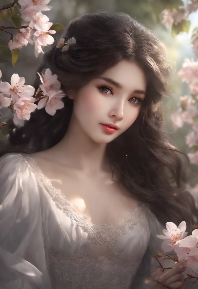 ( girl:1.5),lace,ribbon,(masterpiece, sidelighting, finely detailed beautiful gray eyes: 1.2), medium breast, realistic, glowing eyes,shiny hair,black hair,long long hair, lustrous skin, solo, embarassed,Strapless,exquisite,beautifly,garden,flowers,flying petals, bare legs, cherry blossom, cinematic light, cinematic composition, abundant expressions