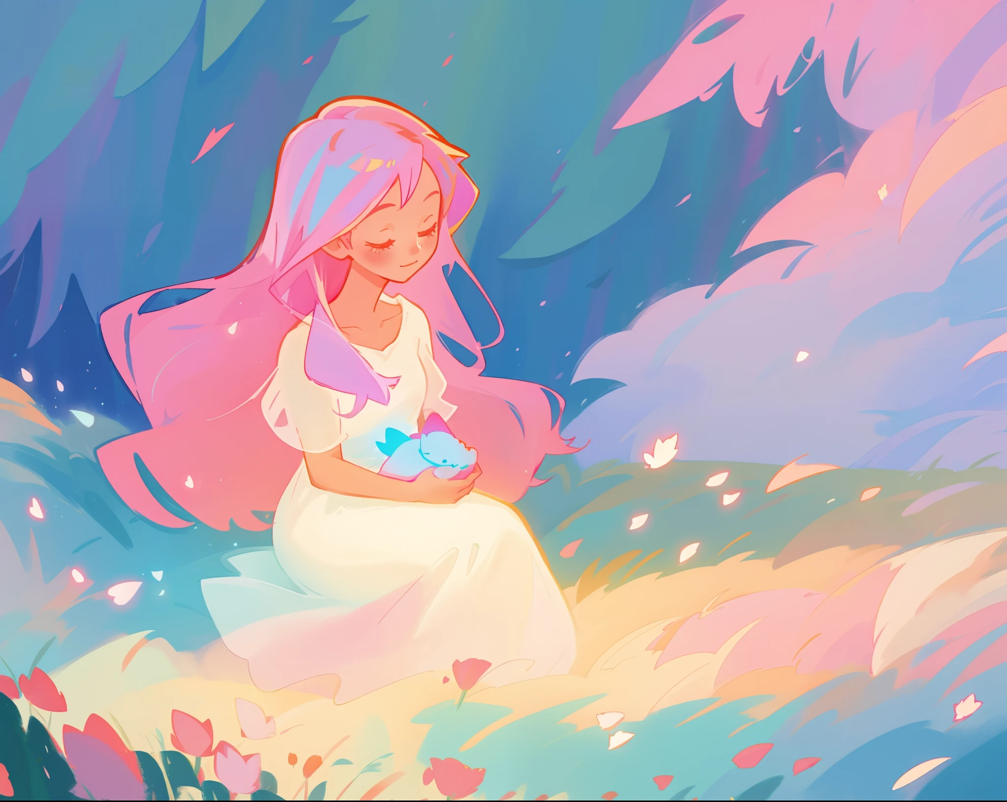 beautiful girl in white dress, fairy dress, beautiful girl sitting in a field with pink red flowers, glowing lights, whimsical landscape, long pink flowing hair, watercolor illustration, inspired by Glen Keane, inspired by Lois van Baarle, disney art style, by Lois van Baarle, glowing aura around her, by Glen Keane, jen bartel, glowing lights! digital painting, flowing glowing hair, glowing flowing hair, beautiful digital illustration, fantasia otherworldly landscape plants flowers, beautiful, masterpiece, best quality, anime disney style
