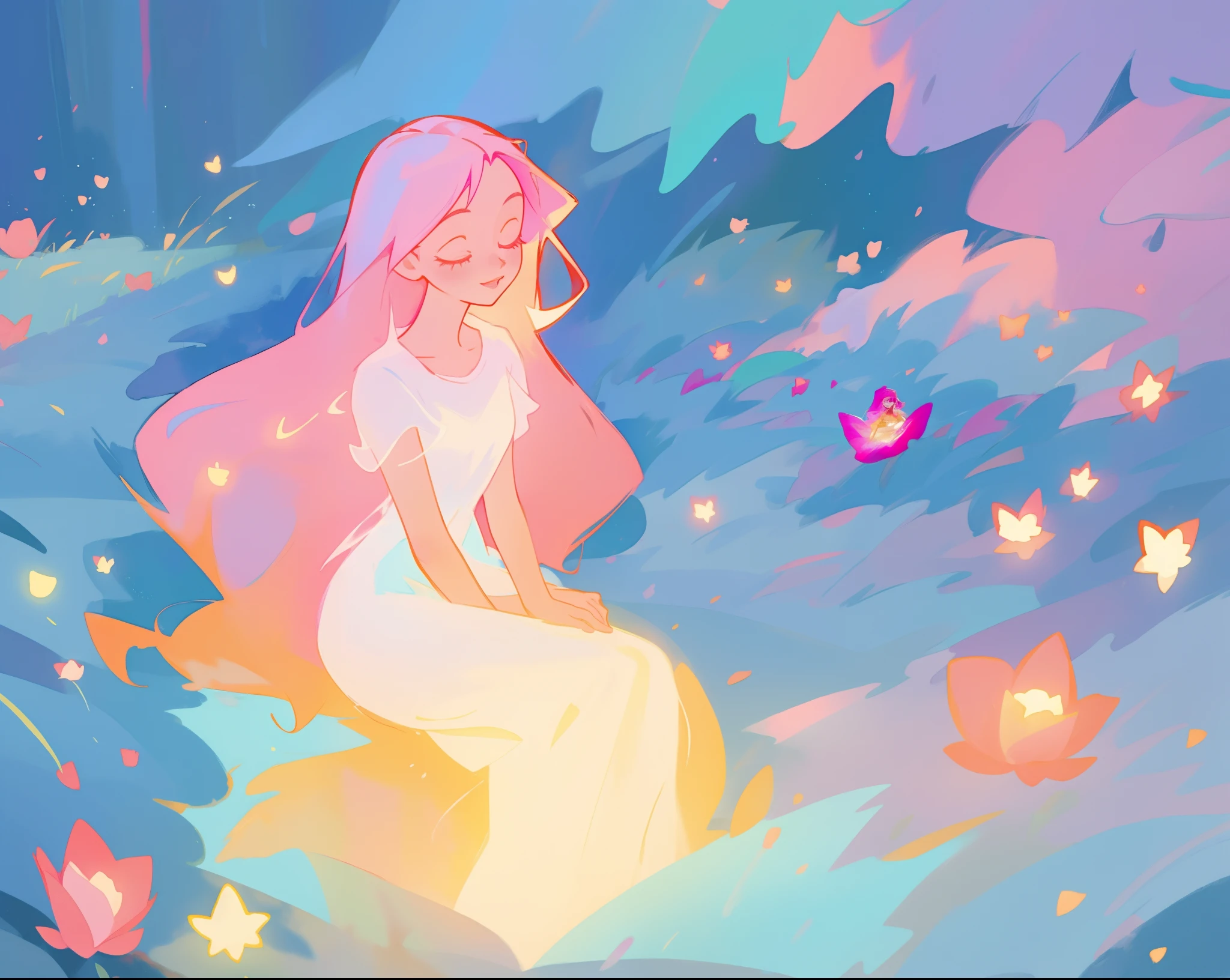 beautiful girl in white dress, fairy dress, beautiful girl sitting in a field with pink red flowers, glowing lights, whimsical landscape, long pink flowing hair, watercolor illustration, inspired by Glen Keane, inspired by Lois van Baarle, disney art style, by Lois van Baarle, glowing aura around her, by Glen Keane, jen bartel, glowing lights! digital painting, flowing glowing hair, glowing flowing hair, beautiful digital illustration, fantasia otherworldly landscape plants flowers, beautiful, masterpiece, best quality, anime disney style
