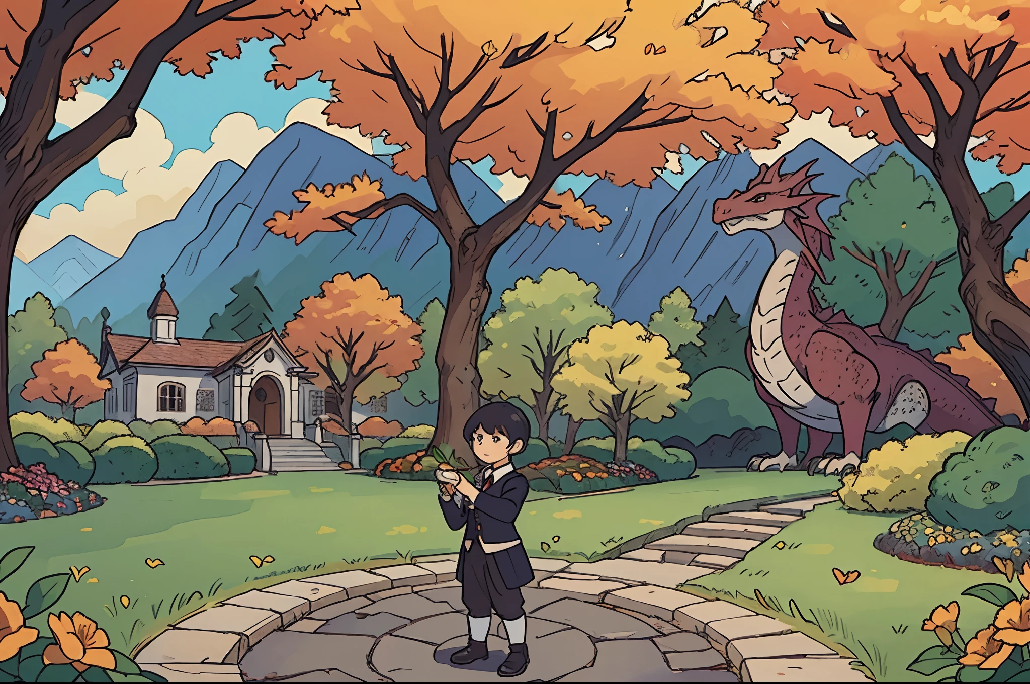 Young magician training a dragon, beautiful garden with flowers an trees, autumn day, traditional Academic building as background, fish eye lens, highly detailed.