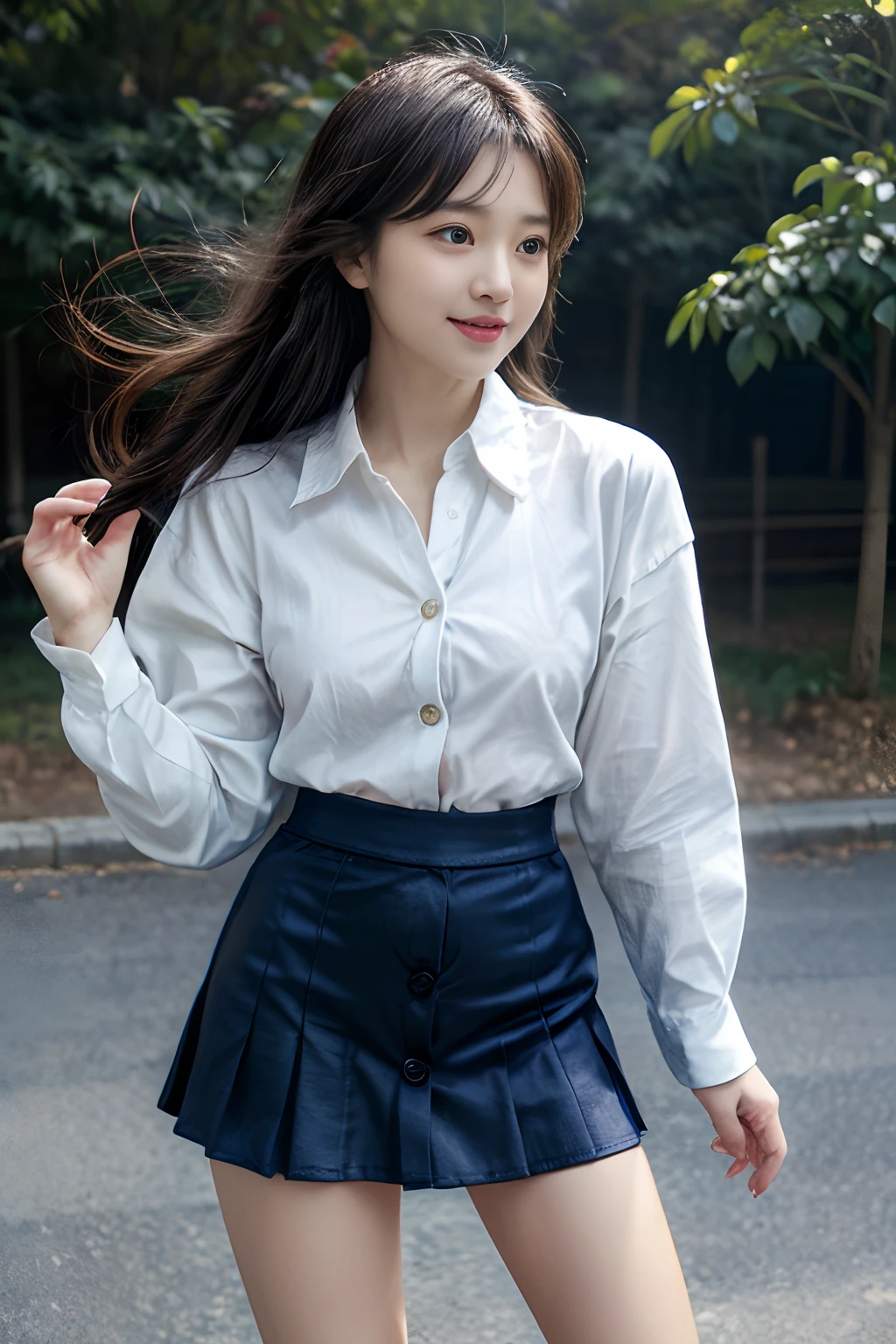 masterpiece、8K、32K、top-quality、(A cute Japanese woman:1.1)、detail portrayal、1 girl in、elegent、pupils on、(Half-undressed white button-up shirt、Dark blue mini skirt:1.3)、(blows wind:1.1)、School Grounds、cowboy shot、ssmile